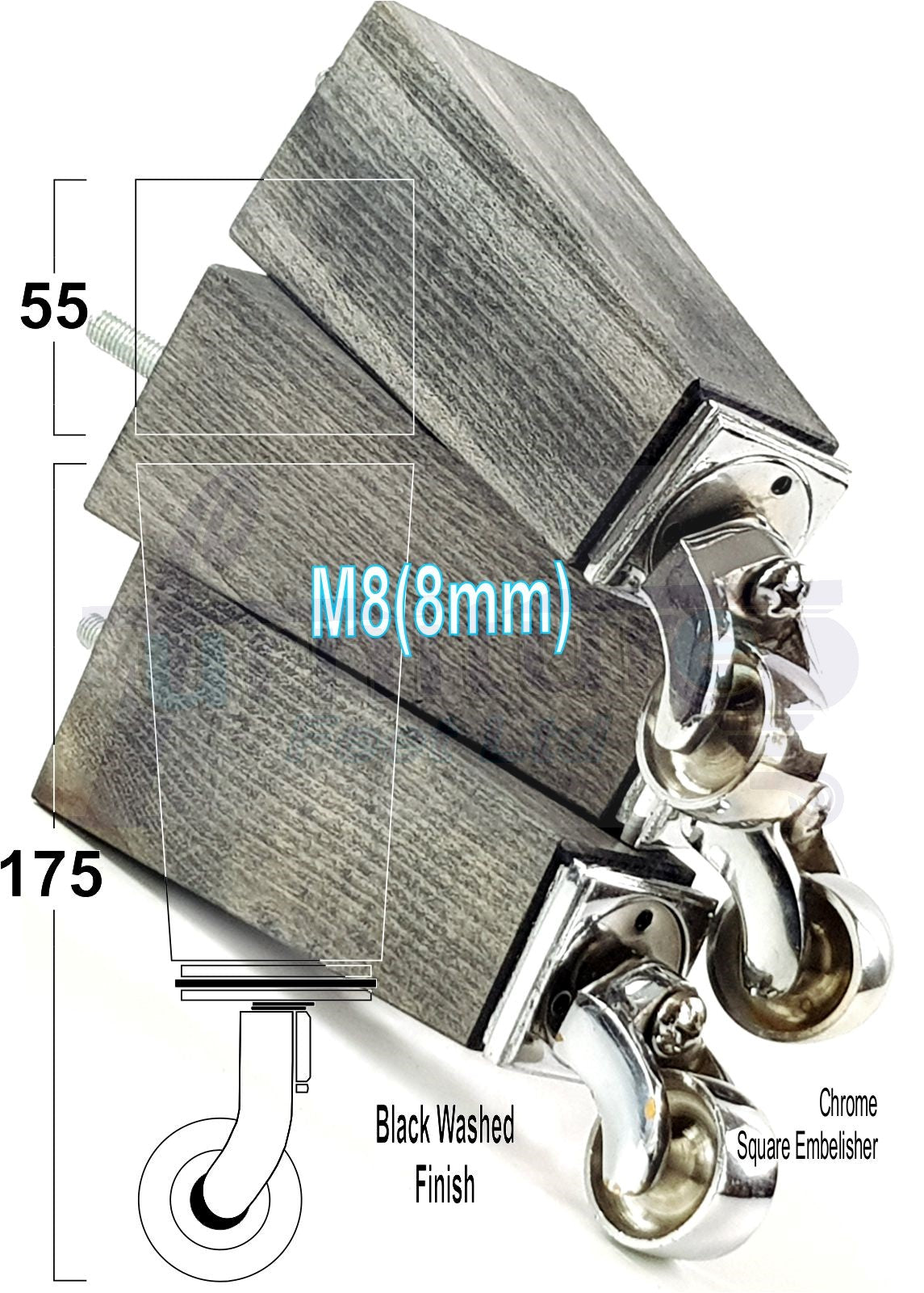 4x Solid Wood Furniture Legs Chair Sofa Bed Replacement Feet 175mm High With Chrome Castors 8mm Thread