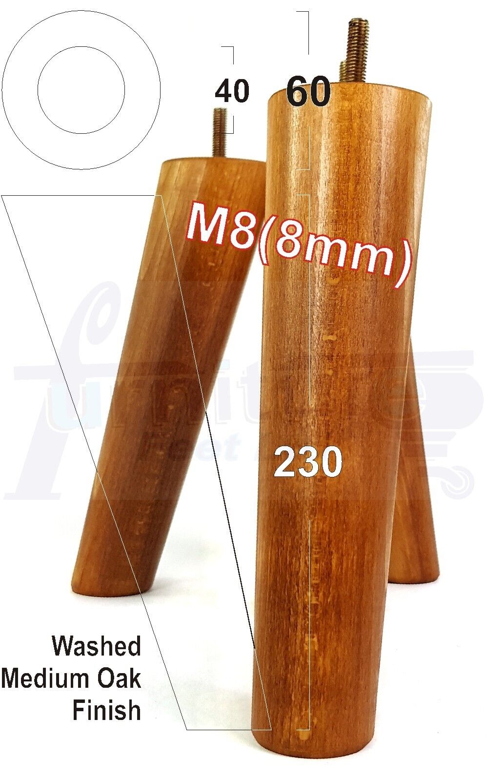 4 Solid Wood Turned Furniture Feet Replacement Mid Centry Angled Retro Legs 230mm High M8 Sofa Chairs Stools Cabinets Beds