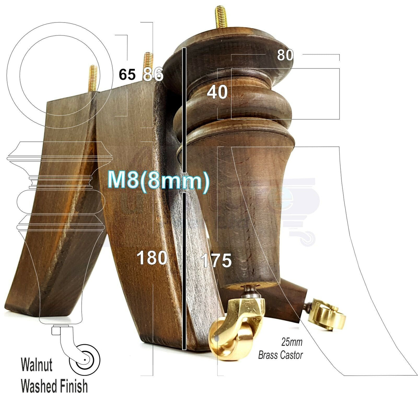 2x Turned & 2x Curved Back Wooden Feet Replacement Furniture Legs 180mm M8(8mm)