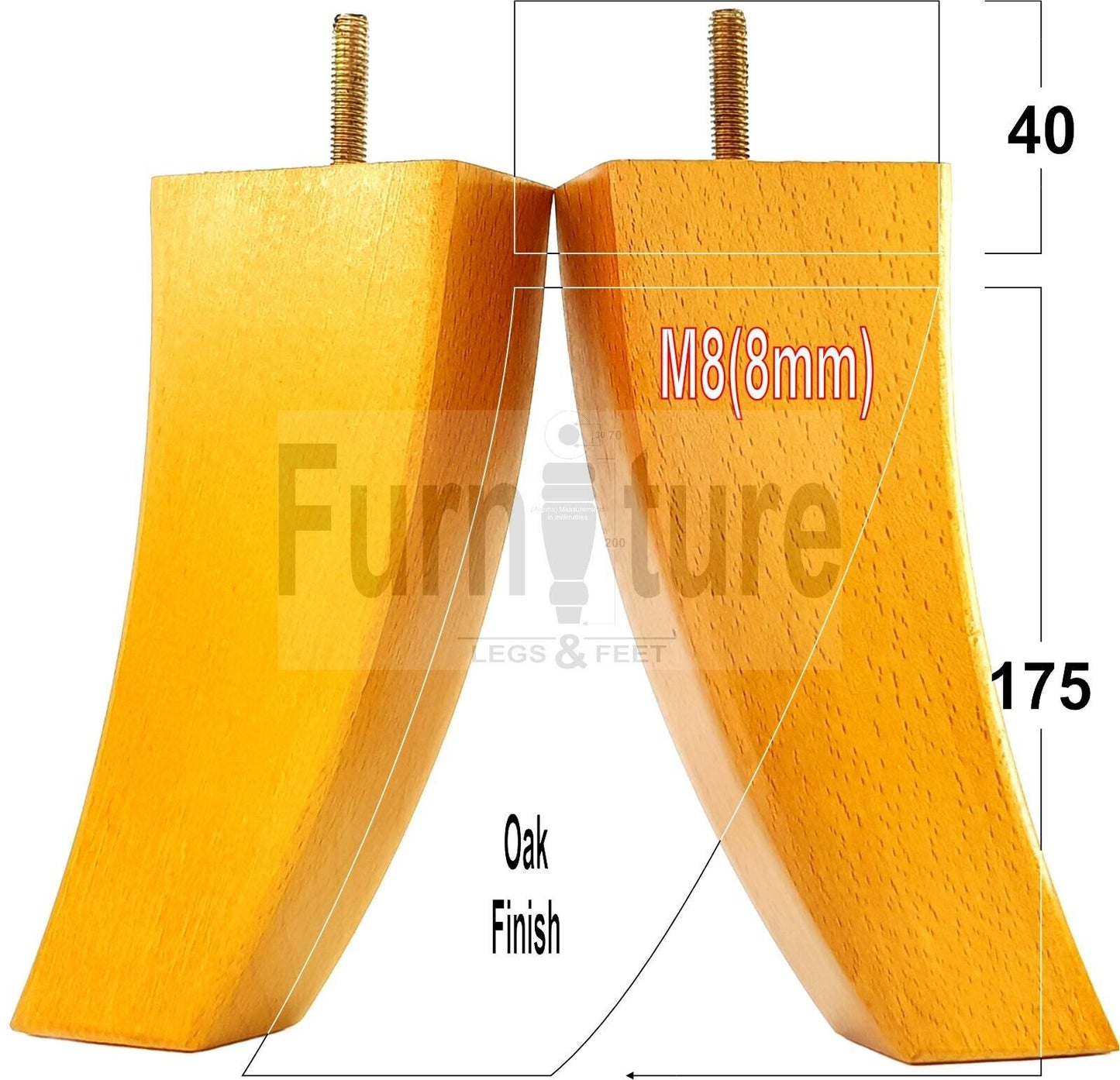 SET OF 4 WOODEN FURNITURE FEET 175mm HIGH REPLACEMENT SOFA LEGS 8mm Thread