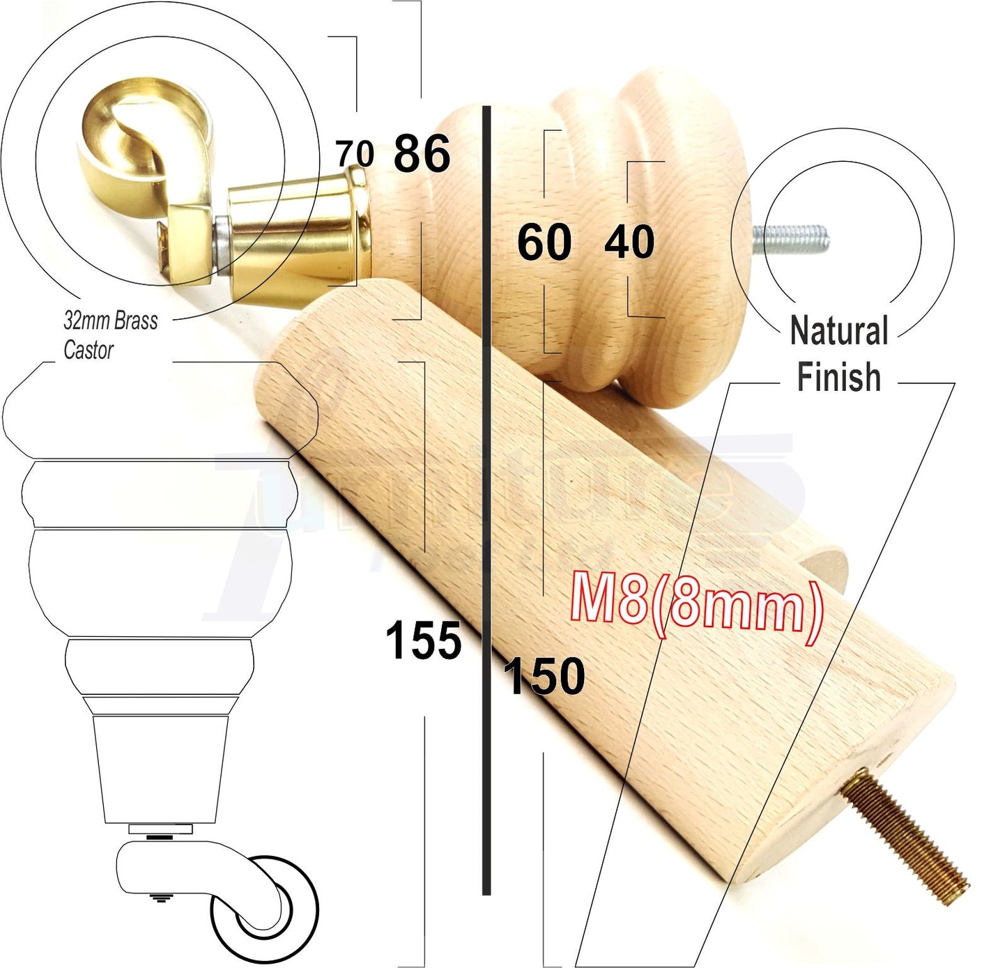 Natural Turned Wood Furniture Feet 2 With Castors 155mm and 2 Angled Back Legs Sofas Chairs Stools Cabinets Beds M8 6 Inches