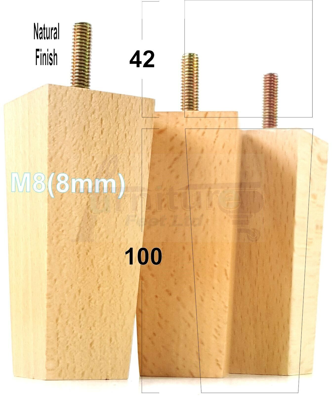 4x Solid Wood Block Furniture Legs Replacement Square Feet 100mm High M8(8mm)
