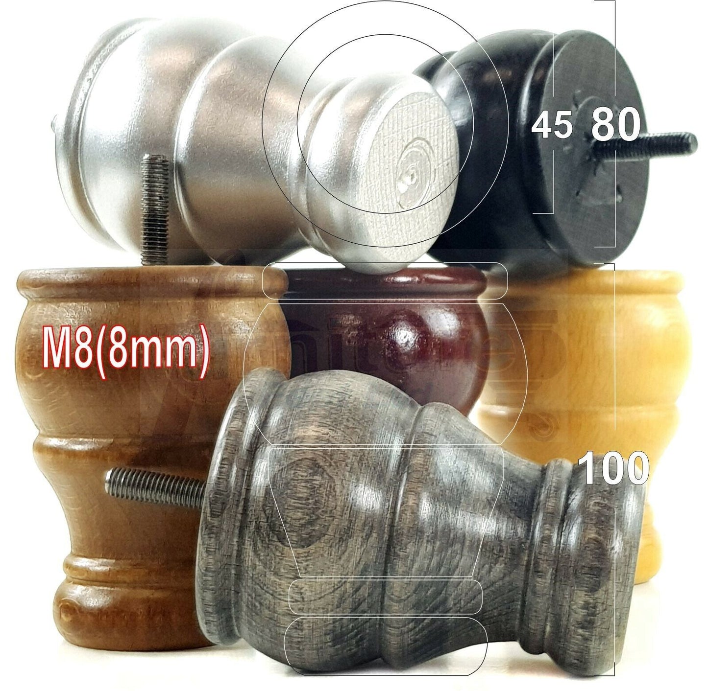 4 Turned Wood Furniture Chair Legs M8 Replacement Sofa Settee Chair Bed Feet 100mm High