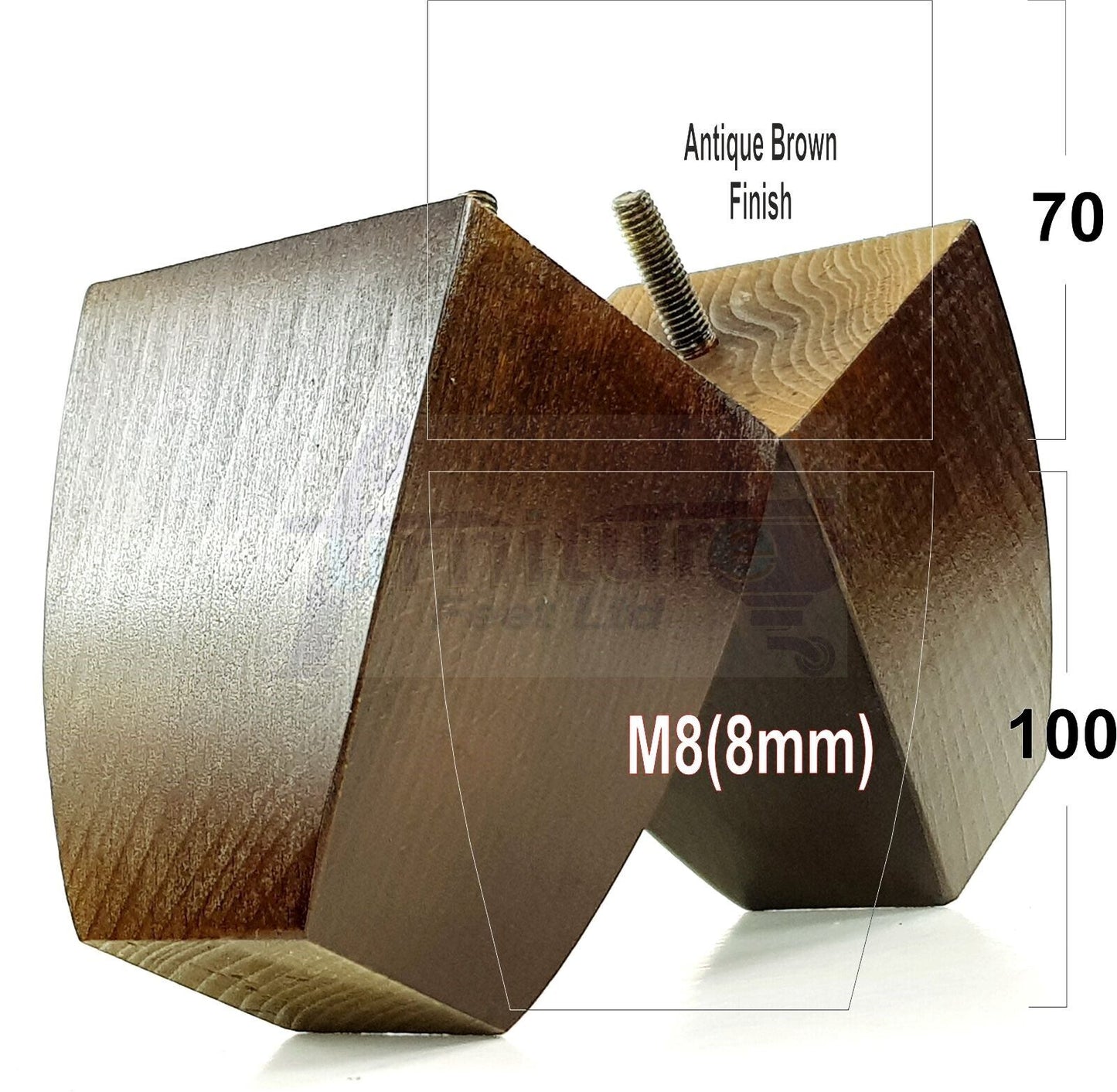 Set Of 4 Solid Wood Square Block Furniture Feet Replacement Legs 100mm High M8(8mm)