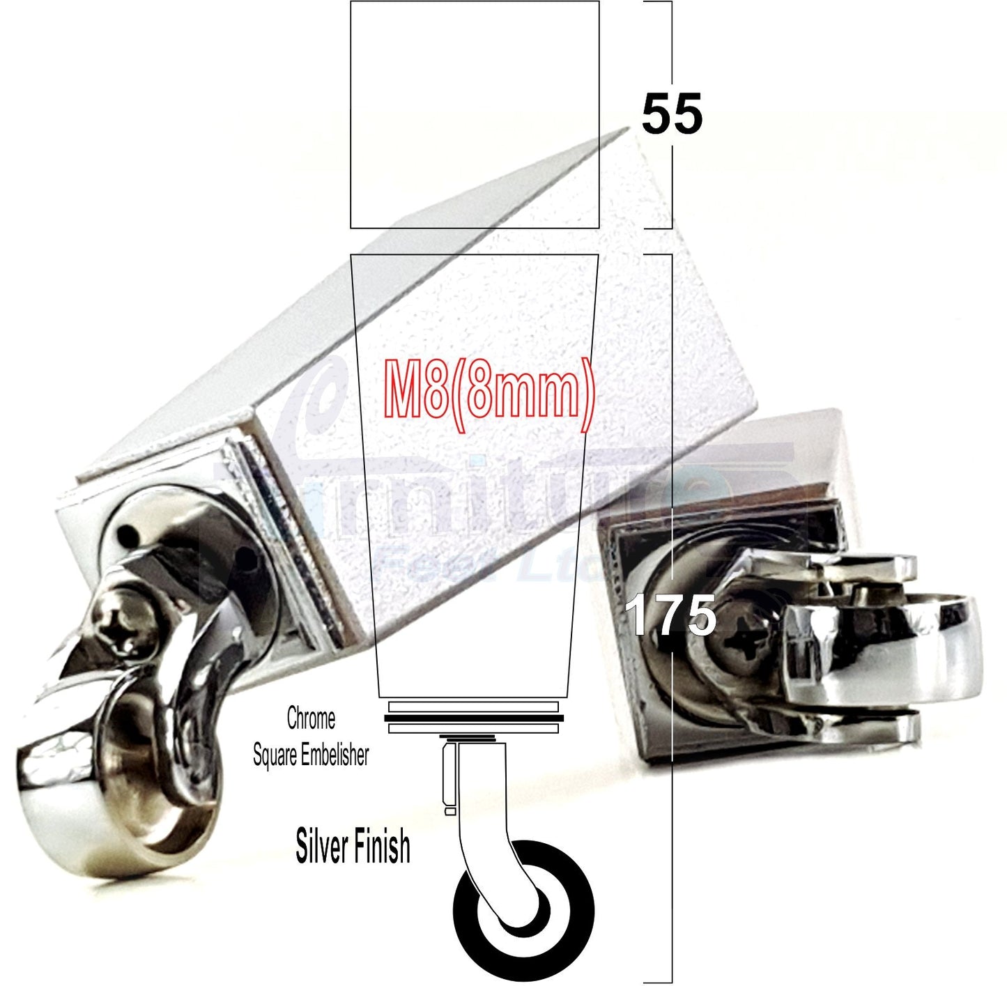 4x Solid Wood Furniture Legs Chair Sofa Bed Replacement Feet 175mm High With Chrome Castors 8mm Thread