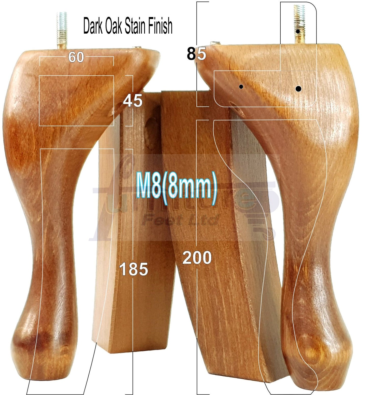 2x Vintage Queen Anne Replacement Furniture Legs & 2x Curved Back Feet 200mm High 8mm Thread