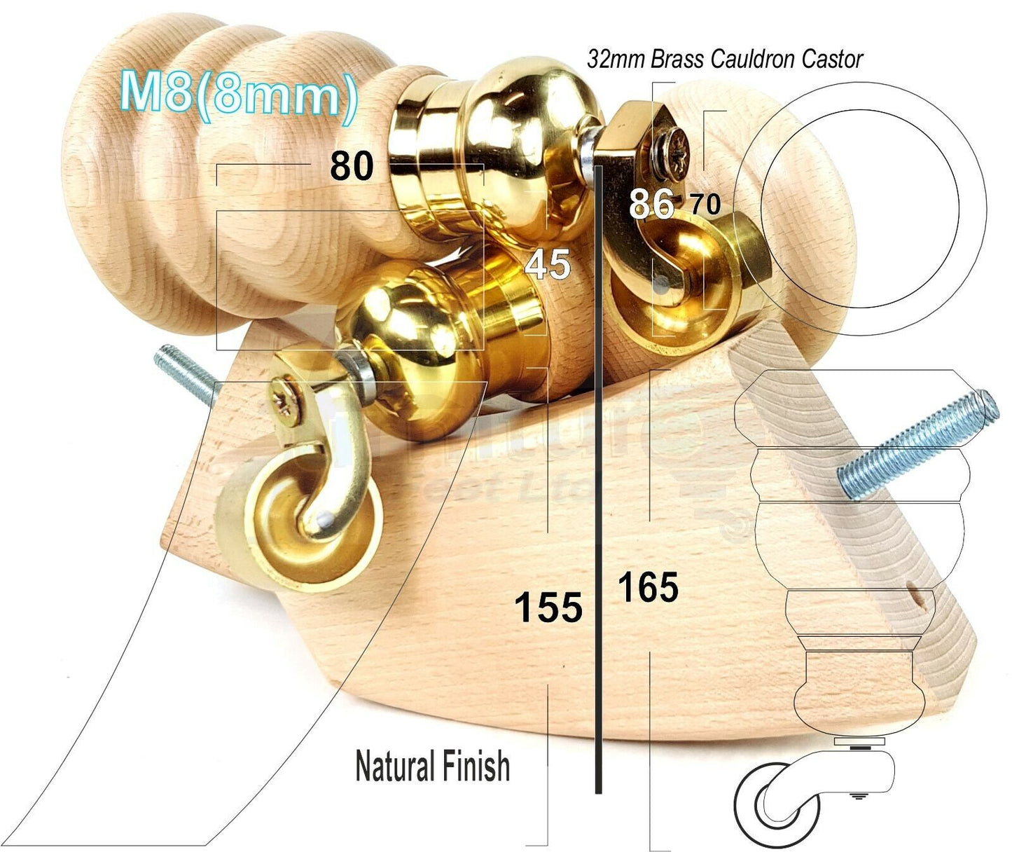 Turned Natural Wood Furniture Feet 2 With Castors 155mm and 2 Curved Back Legs Sofas Chairs Stools Cabinets Beds M8 6 Inches