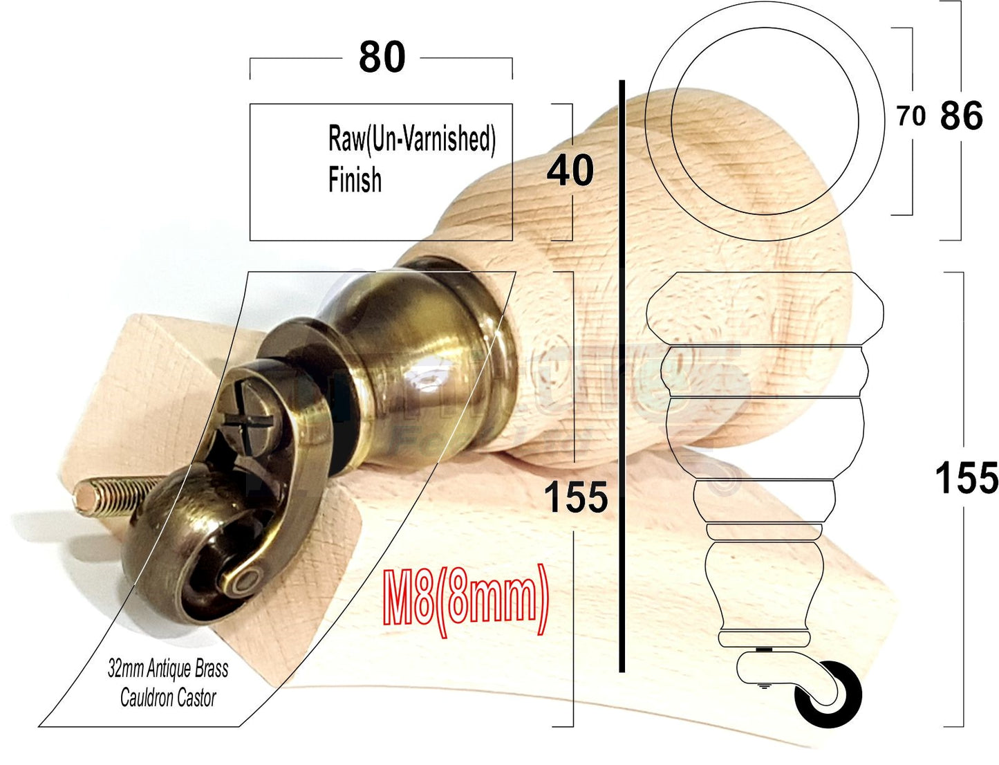 Turned Raw Wood Furniture Feet 2 With Castors 155mm and 2 Curved Back Legs Sofas Chairs Stools Cabinets Beds M8 6 Inches