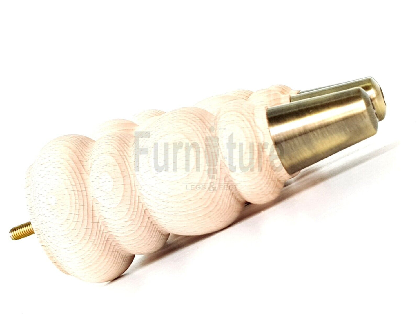 4x Round and Turned Wood Furniture Legs With Brass Slipper Cups Replacement Feet 185mm High 8mm Thread