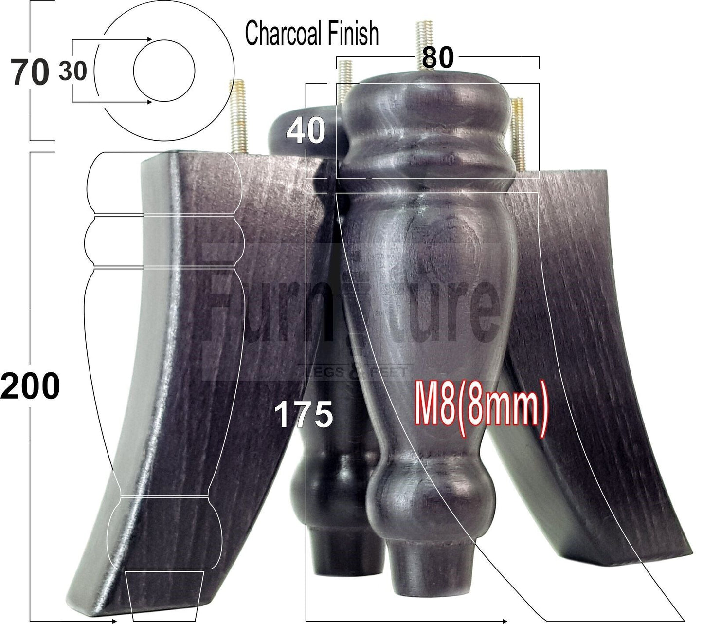 2 Turned Furniture Feet Replacement Sofa Legs 200mm & 2 Curved Back Legs 185mm for Chairs Sofa Settee Cabinets M8