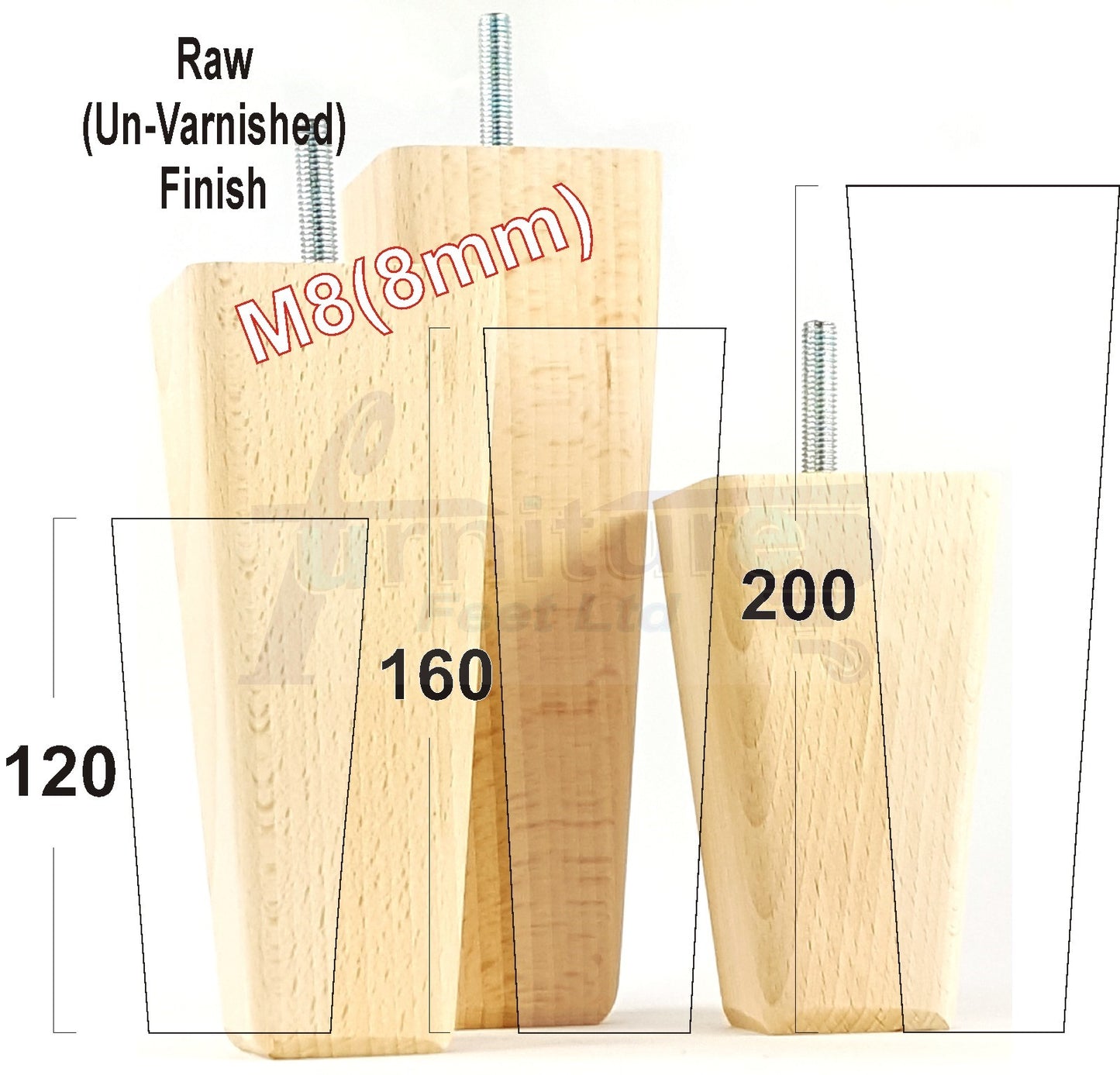4x Wooden Furniture Legs 200mm High Replacement Square Tapered Feet 8mm