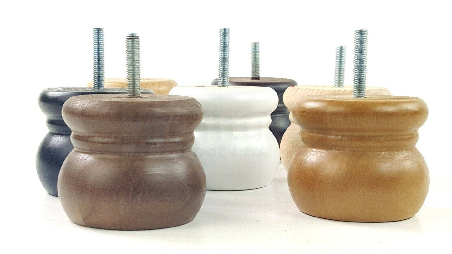 4 Wood Bun Feet Replacement Turned Furniture Legs 60mm High Multiple Colours 2 Inches Tall Chairs Stools Sofa Beds Cabinets M8