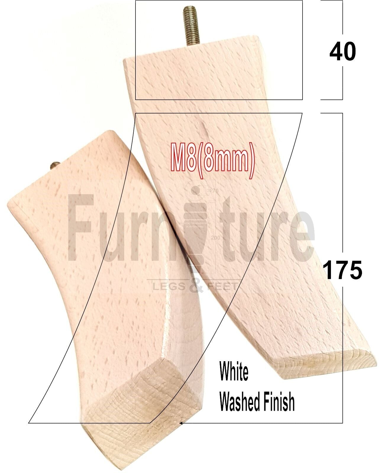 SET OF 4 WOODEN FURNITURE FEET 175mm HIGH REPLACEMENT SOFA LEGS 8mm Thread