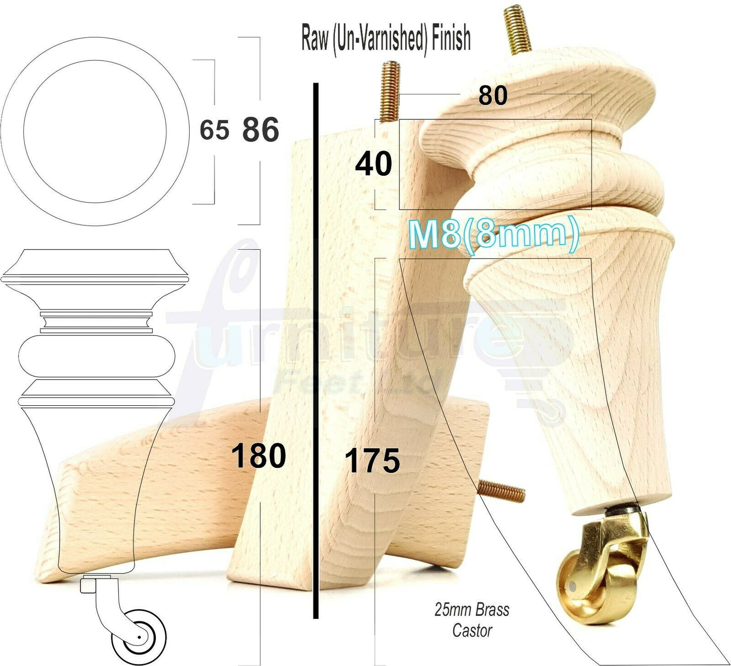 2x Turned & 2x Curved Back Wooden Feet Replacement Furniture Legs 180mm M8(8mm)