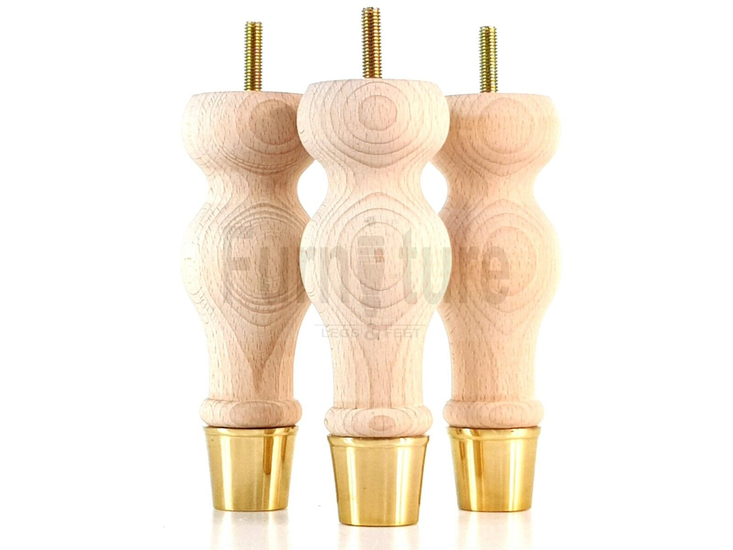 4x Turned M8 Wood Furniture Chair Sofa, Settee Legs Feet Brass Slipper Cup 160mm