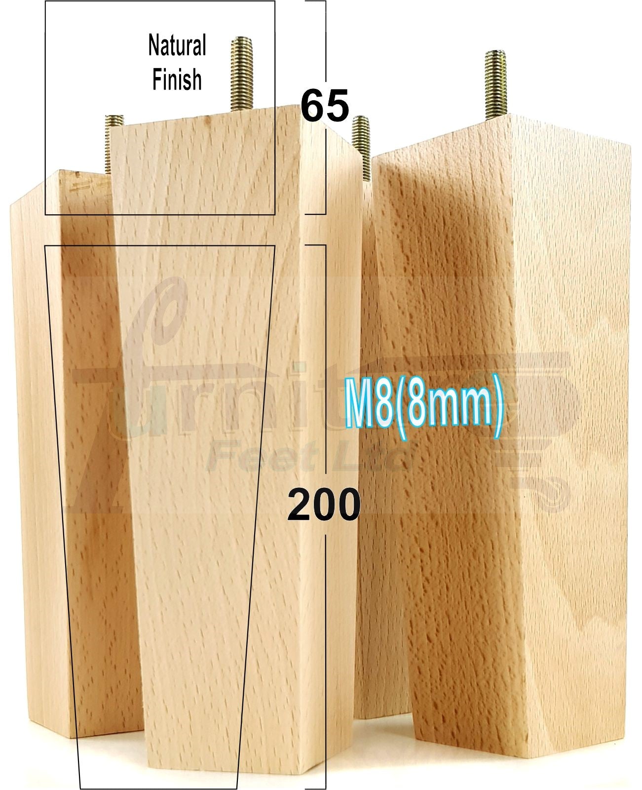 4 Solid Wood Furniture Feet Square Replacement Block Tapered Legs 200mm High M8 Sofa Chairs Stools Cabinets Beds