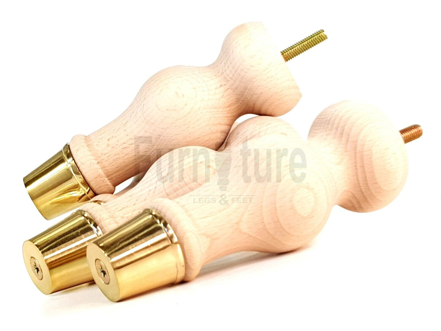 4x Turned M8 Wood Furniture Chair Sofa, Settee Legs Feet Brass Slipper Cup 160mm