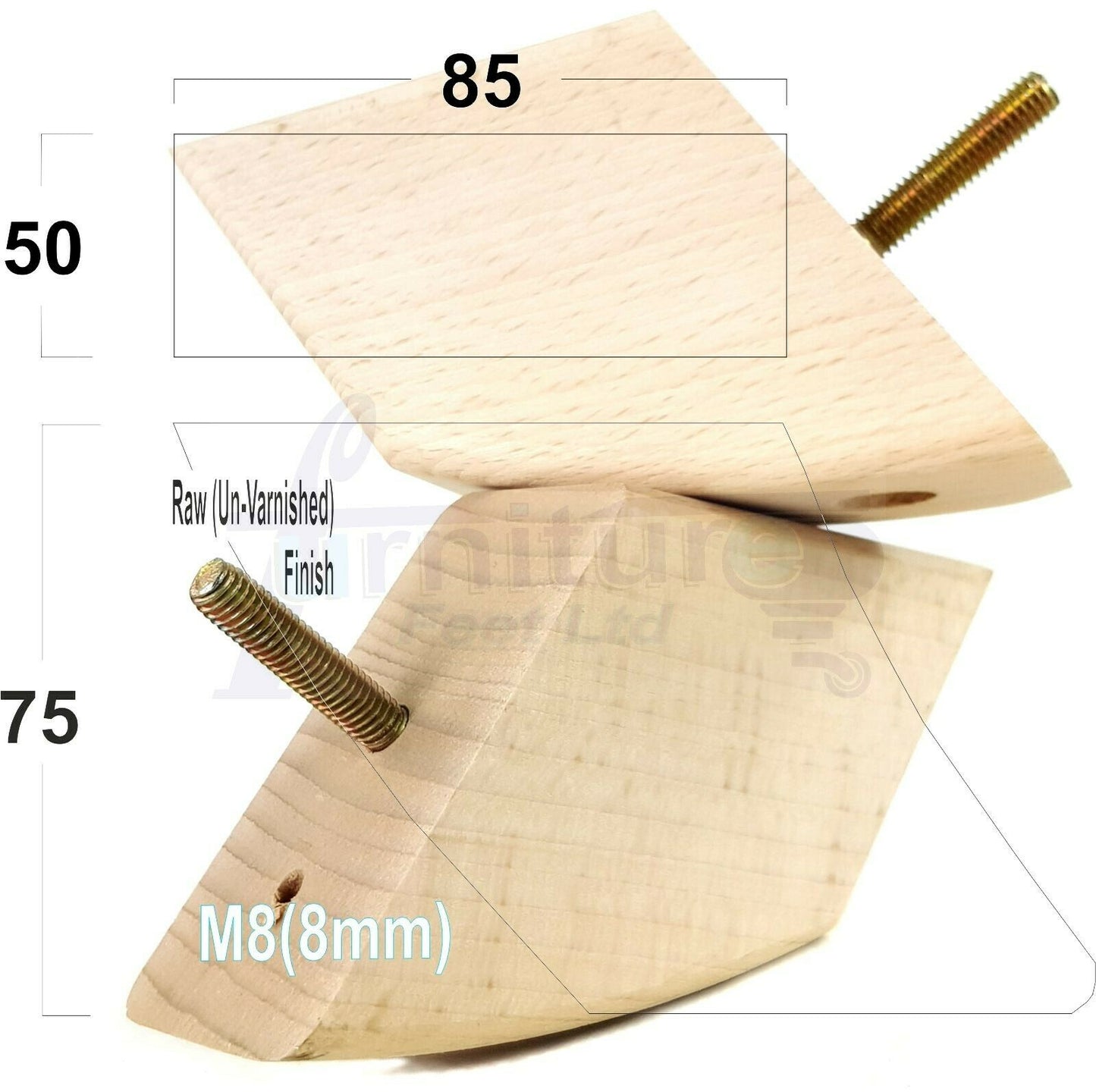 SET OF 4 WOODEN FURNITURE FEET 75mm HIGH REPLACEMENT SOFA LEGS 8mm Thread