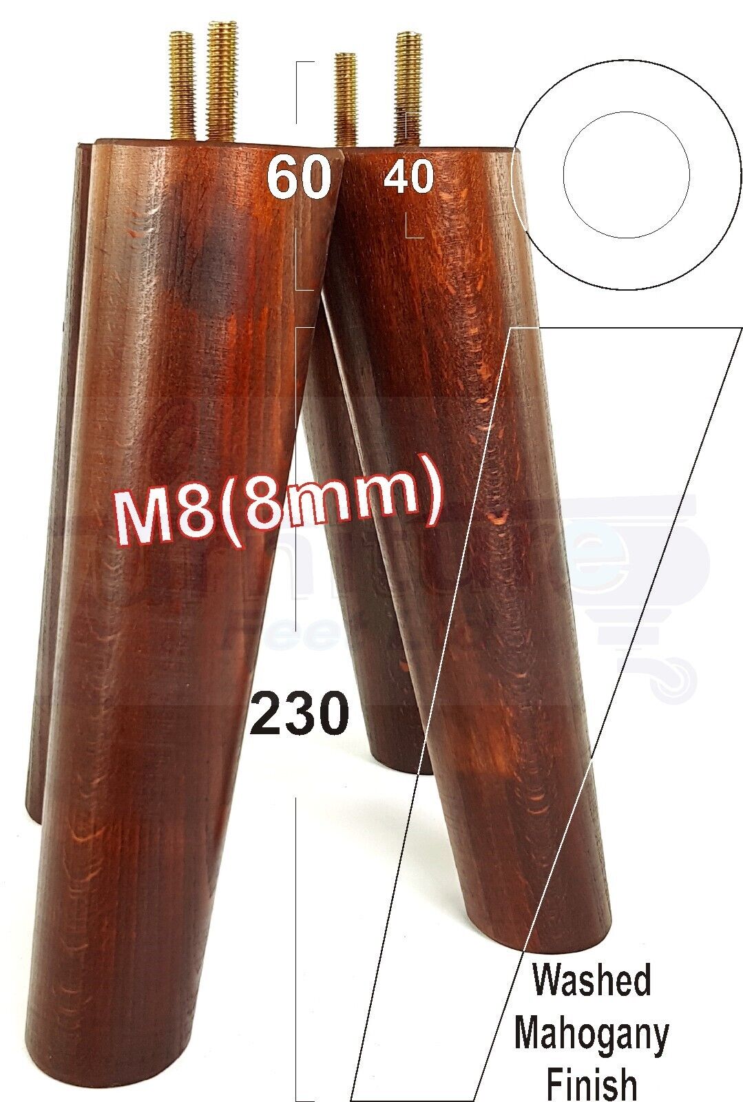 4 Solid Wood Turned Furniture Feet Replacement Mid Centry Angled Retro Legs 230mm High M8 Sofa Chairs Stools Cabinets Beds