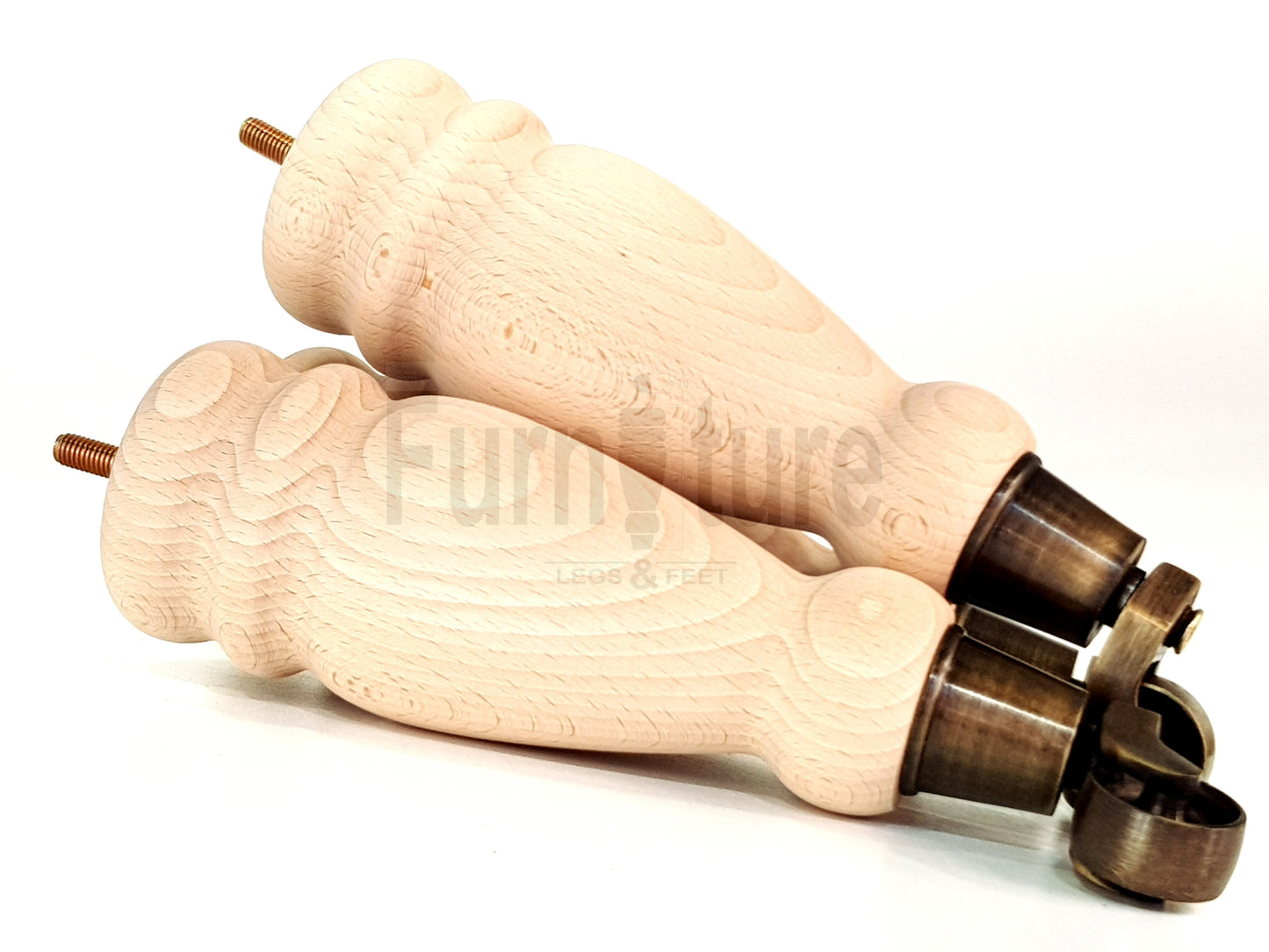 Set Of 4 Wooden Turned Replacement Furniture Legs 250mm High With Antique Brass Castor Wheels 8mm Thread