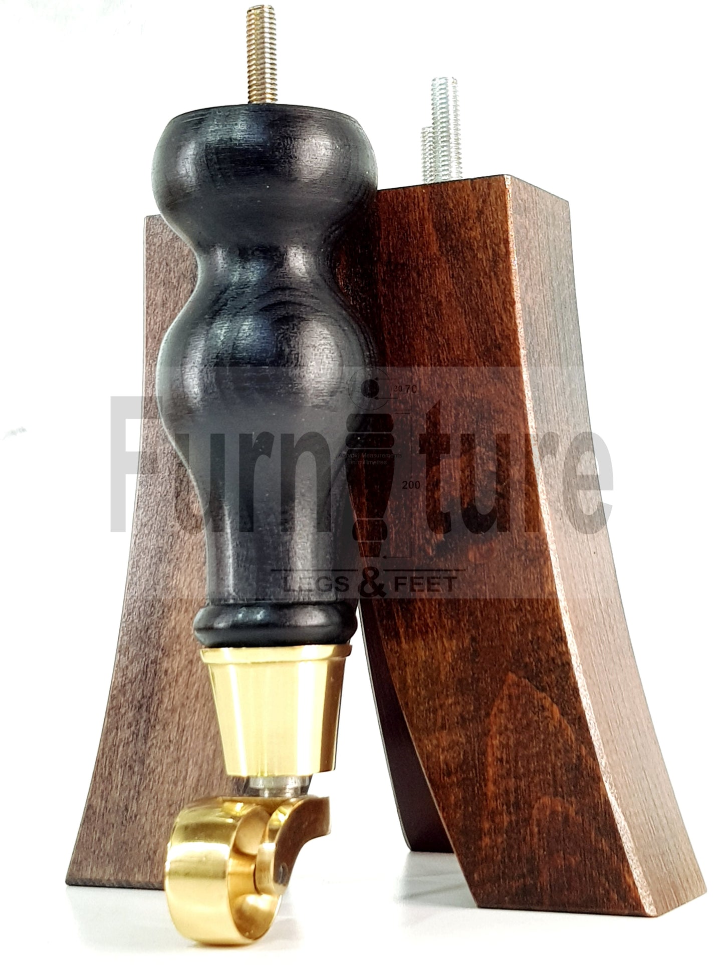 2x Turned Wood Furniture Feet With Brass Castor 155mm and 2 Curved Back Legs 6 Inches 8mm Thread