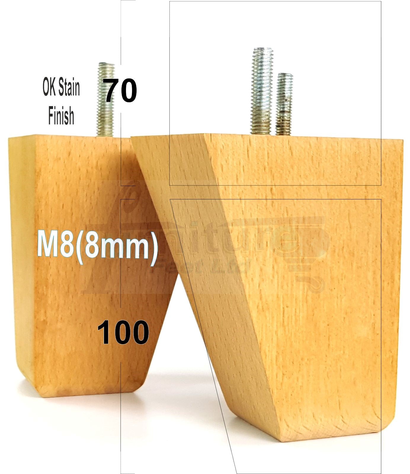 4x Angled Block Wood Sofa Legs 100mm High Replacement Furniture Feet Chairs Cabinets M8(8mm)