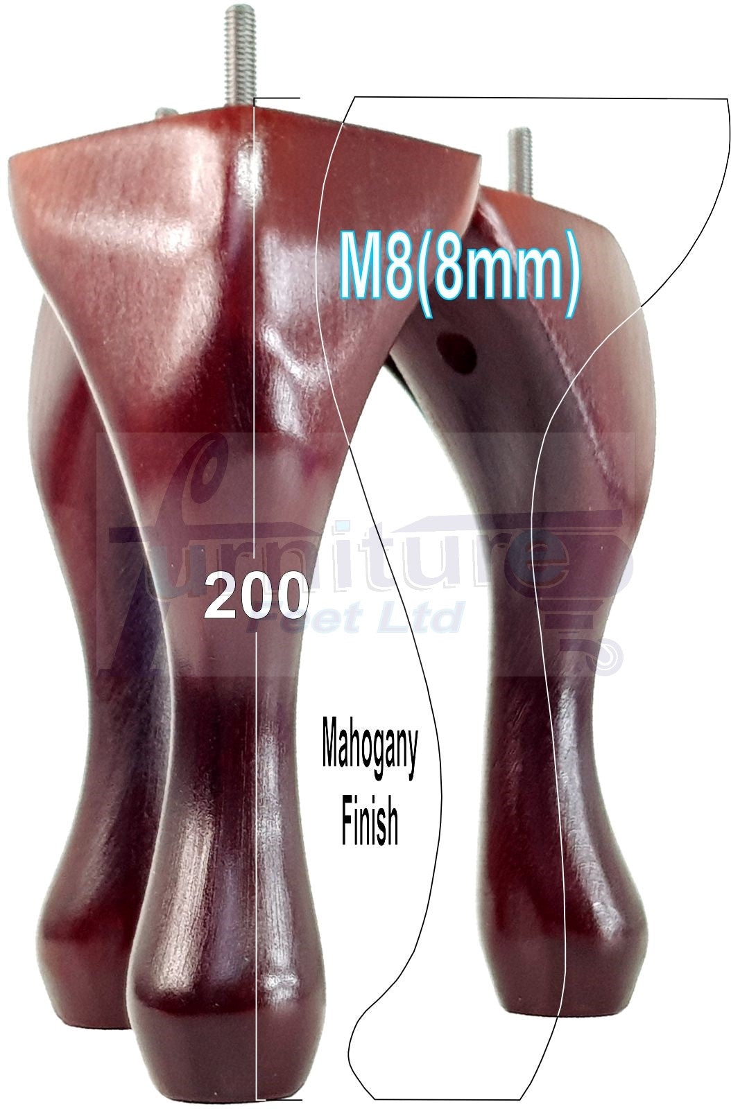 4 Solid Wood Furniture Feet 200mm High Vintage Queen Anne Replacement Legs M8 8 Inches