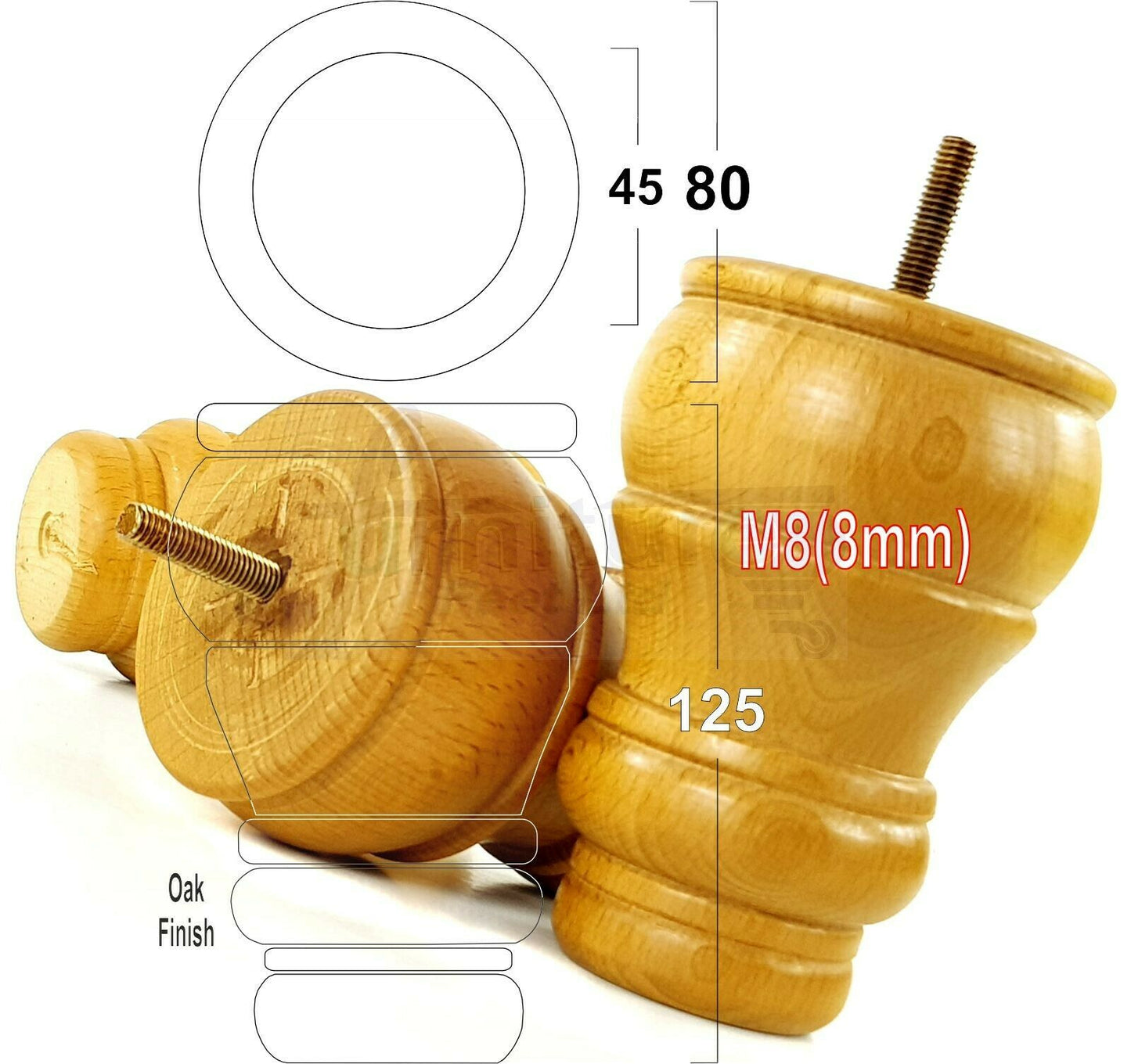 4 Turned Wood Furniture Chair Legs M8 Replacement Sofa Settee Feet 125mm High