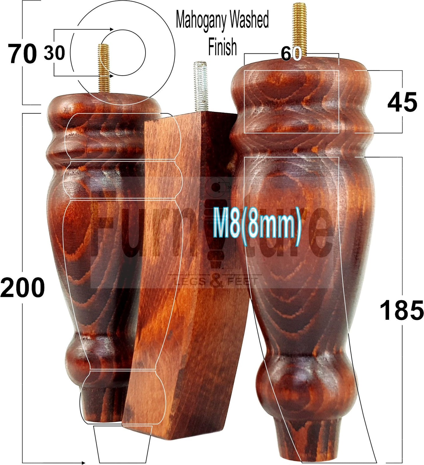 2 Traditional Turned Furniture Feet Replacement Sofa Legs 200mm & 2 Curved Back Legs 185mm for Chairs Stools Sofa Beds Settee Cabinets M8