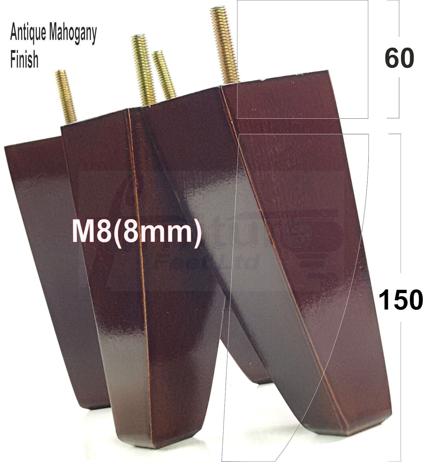 4x Tapered Square Furniture Legs Sofa Feet M8 for Chairs, Settees 150mm High