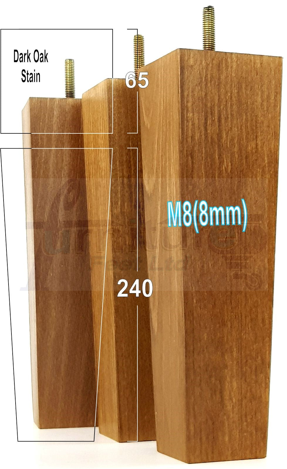 4 Solid Wood Furniture Feet Square Replacement Block Tapered Legs 240mm High M8 Sofa Chairs Stools Cabinets Beds