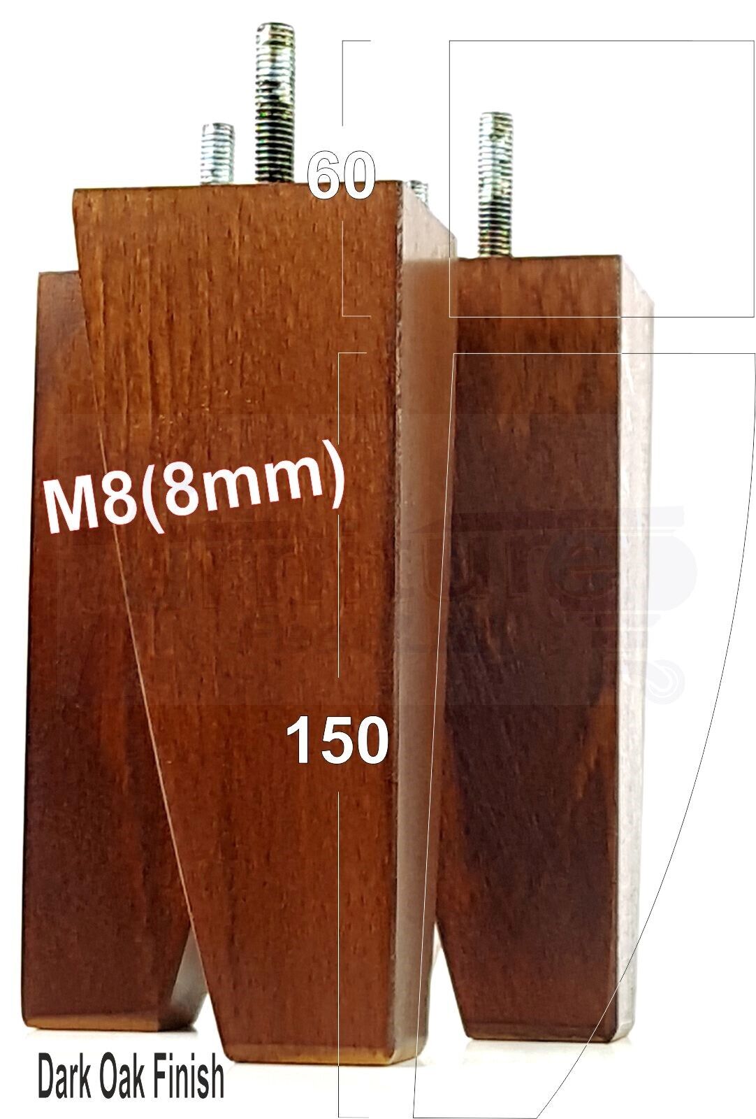 4x Tapered Square Furniture Legs Sofa Feet M8 for Chairs, Settees 150mm High