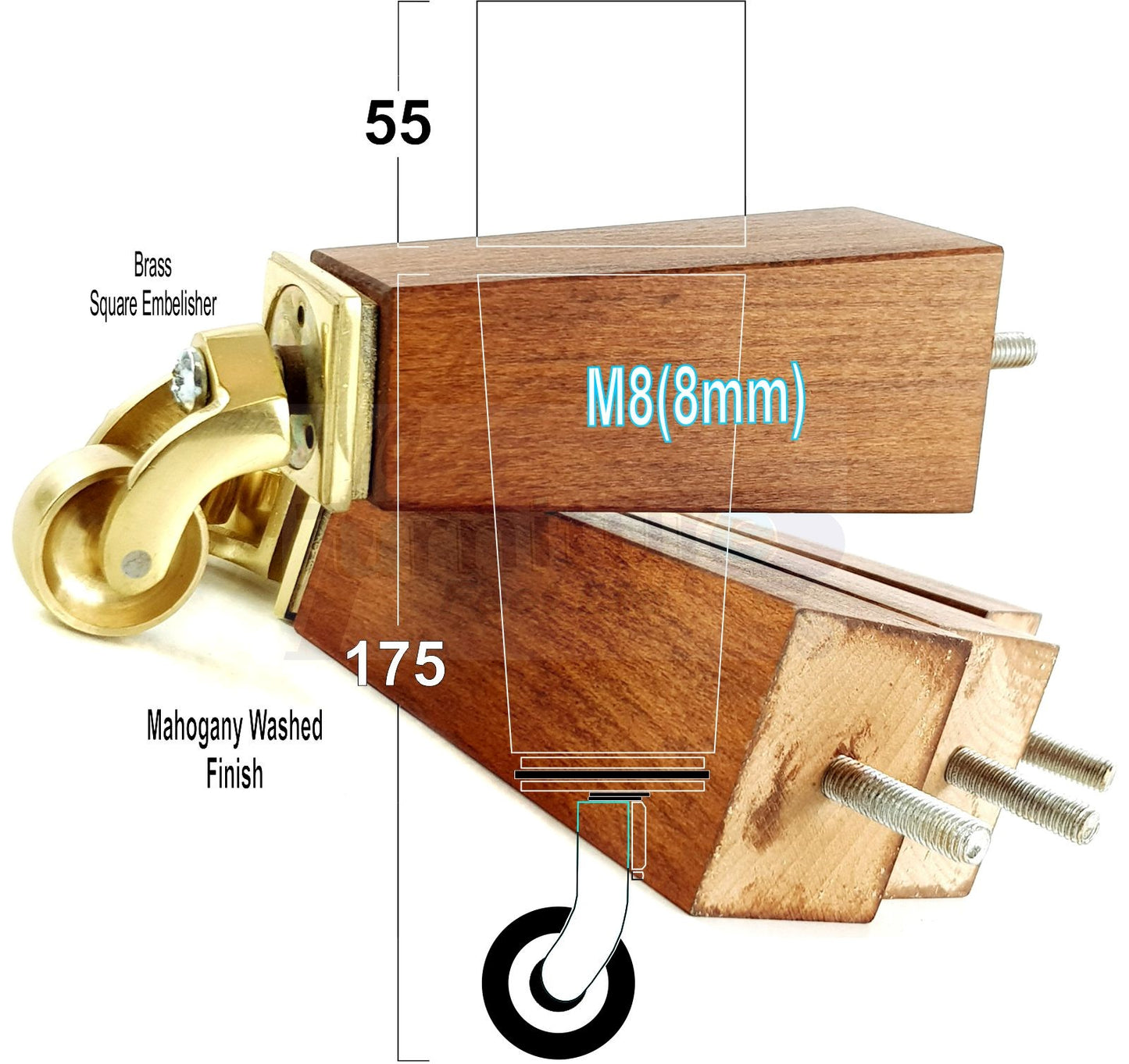 4x Solid Wood Furniture Legs Chair Sofa Bed Replacement Feet 175mm High With Brass Castors 8mm Thread