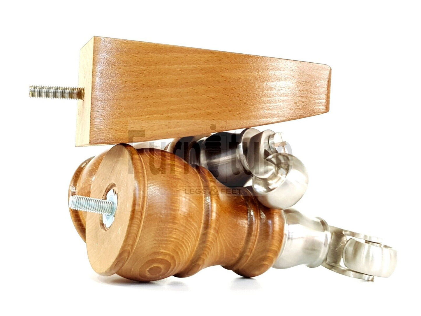 2 Wooden Castor Furniture Sofa Legs & 2 Curved Back Feet Dark Oak Stain M8 Chair Settee Feet 160mm High