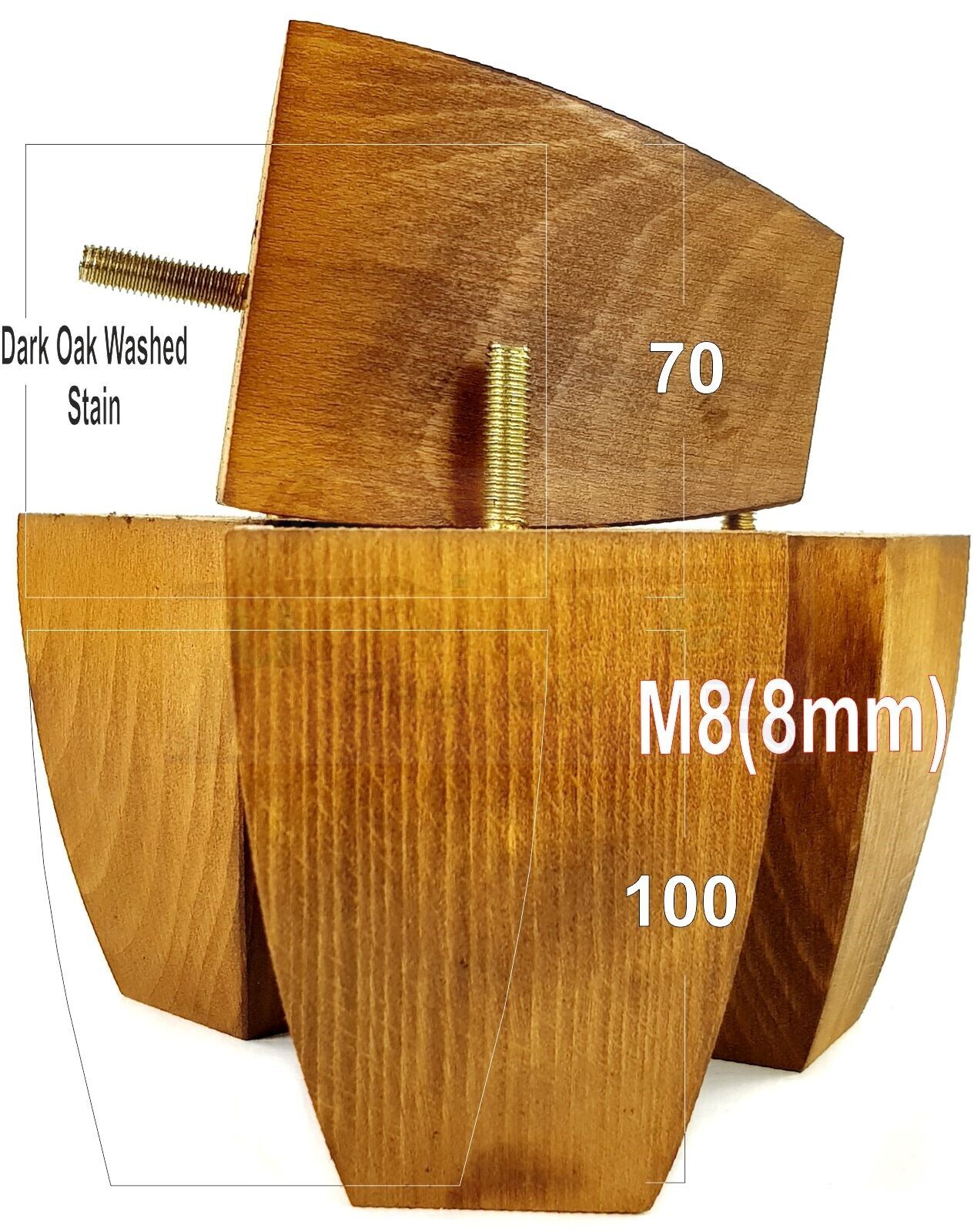 Set Of 4 Solid Wood Square Block Furniture Feet Replacement Legs 100mm High M8(8mm)