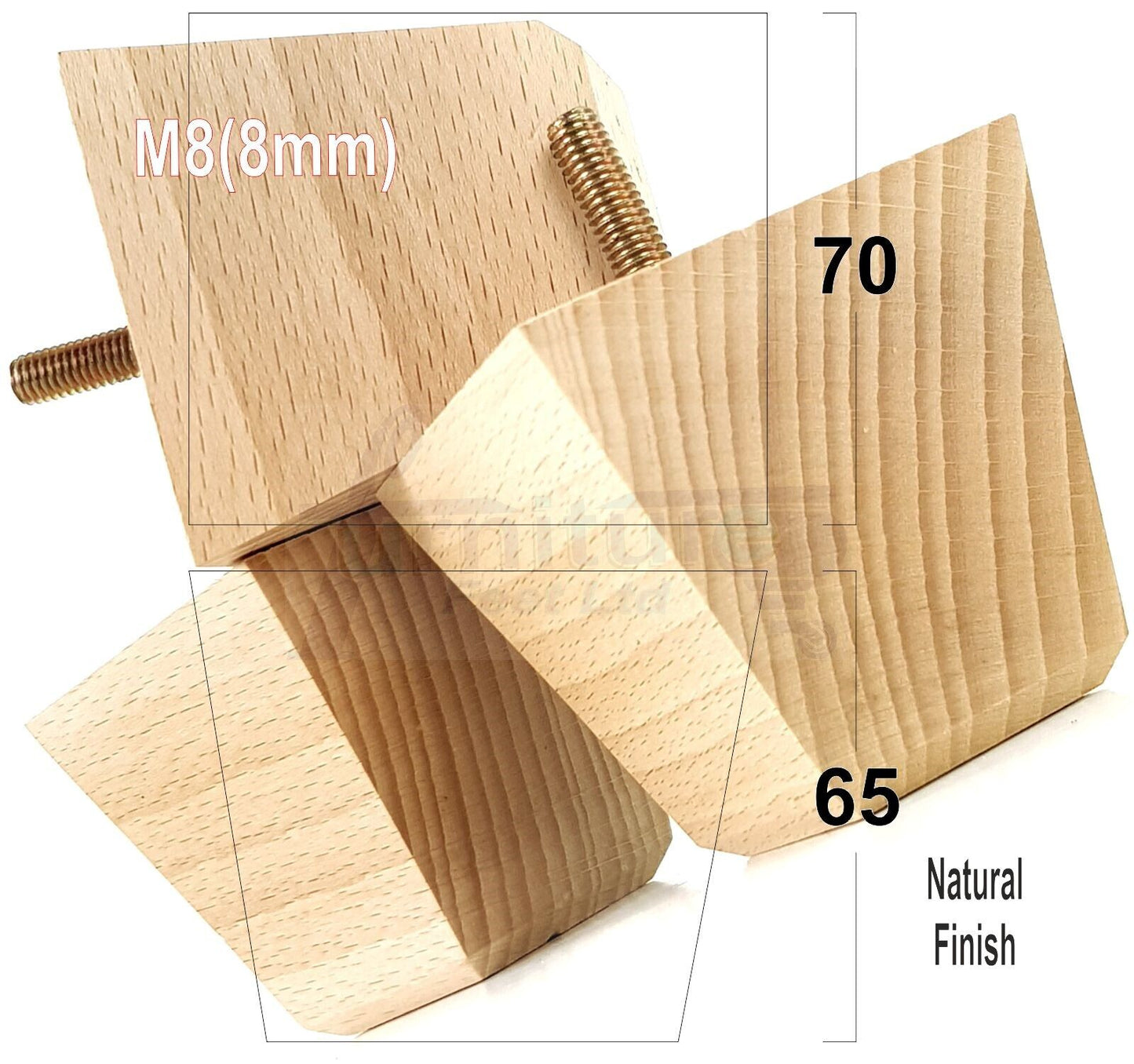 Set Of 4 Solid Wood Square Block Furniture Feet Replacement Legs 65mm High M8(8mm)