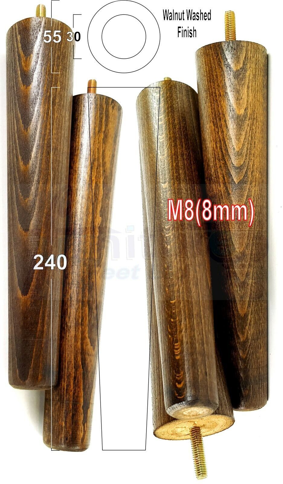 4 Retro Wood Replacement Furniture Chair Legs M8 Footstool Settee Sofa Feet 240mm High