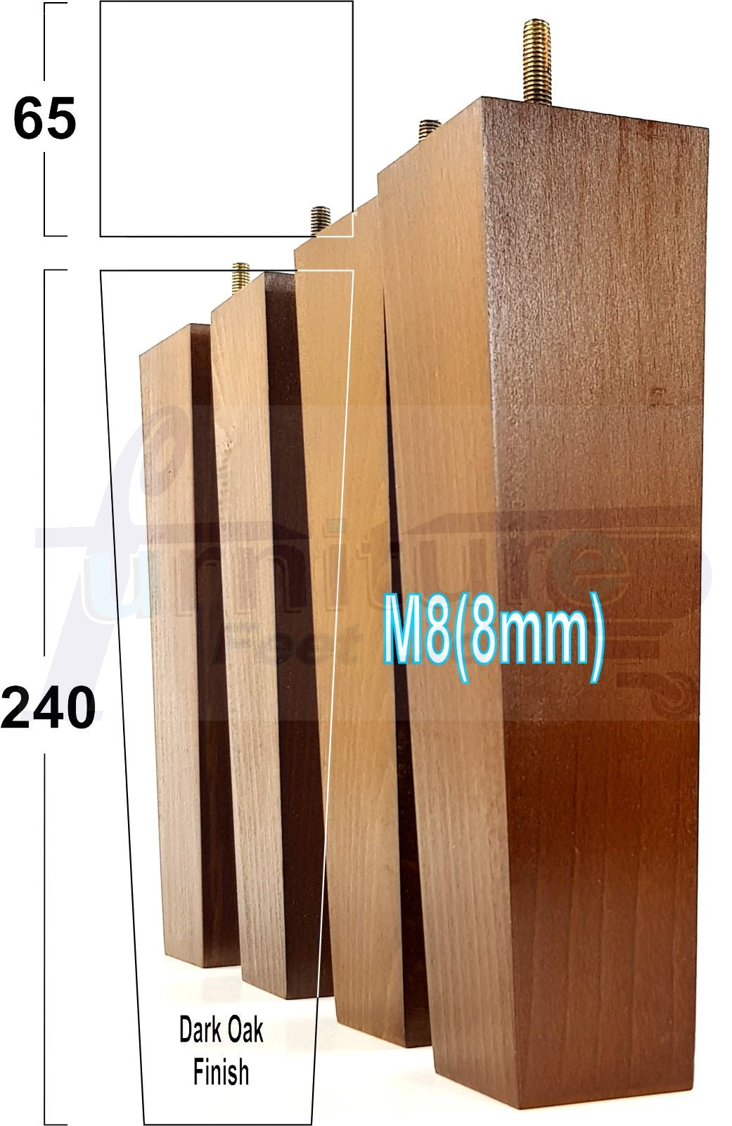 4 Solid Wood Furniture Feet Square Replacement Block Tapered Legs 240mm High M8 Sofa Chairs Stools Cabinets Beds
