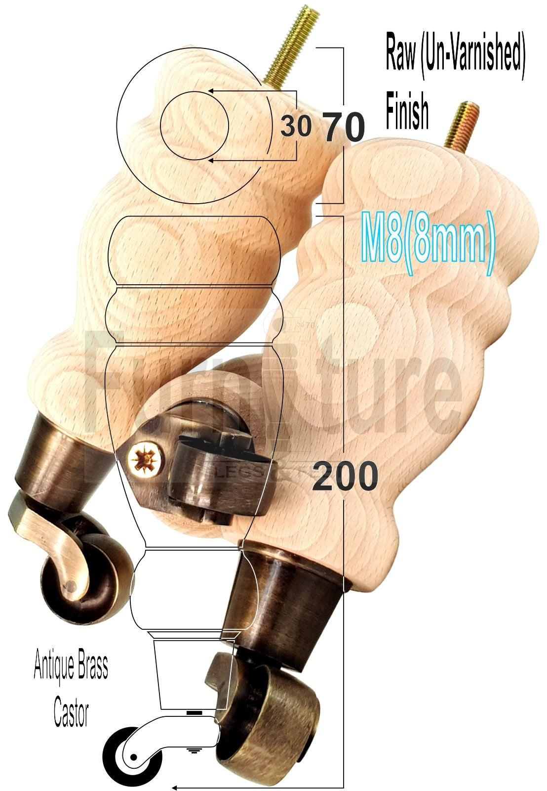 Set Of 4 Wooden Turned Replacement Furniture Legs 200mm High With Antique Brass Castor Wheels 8mm Thread