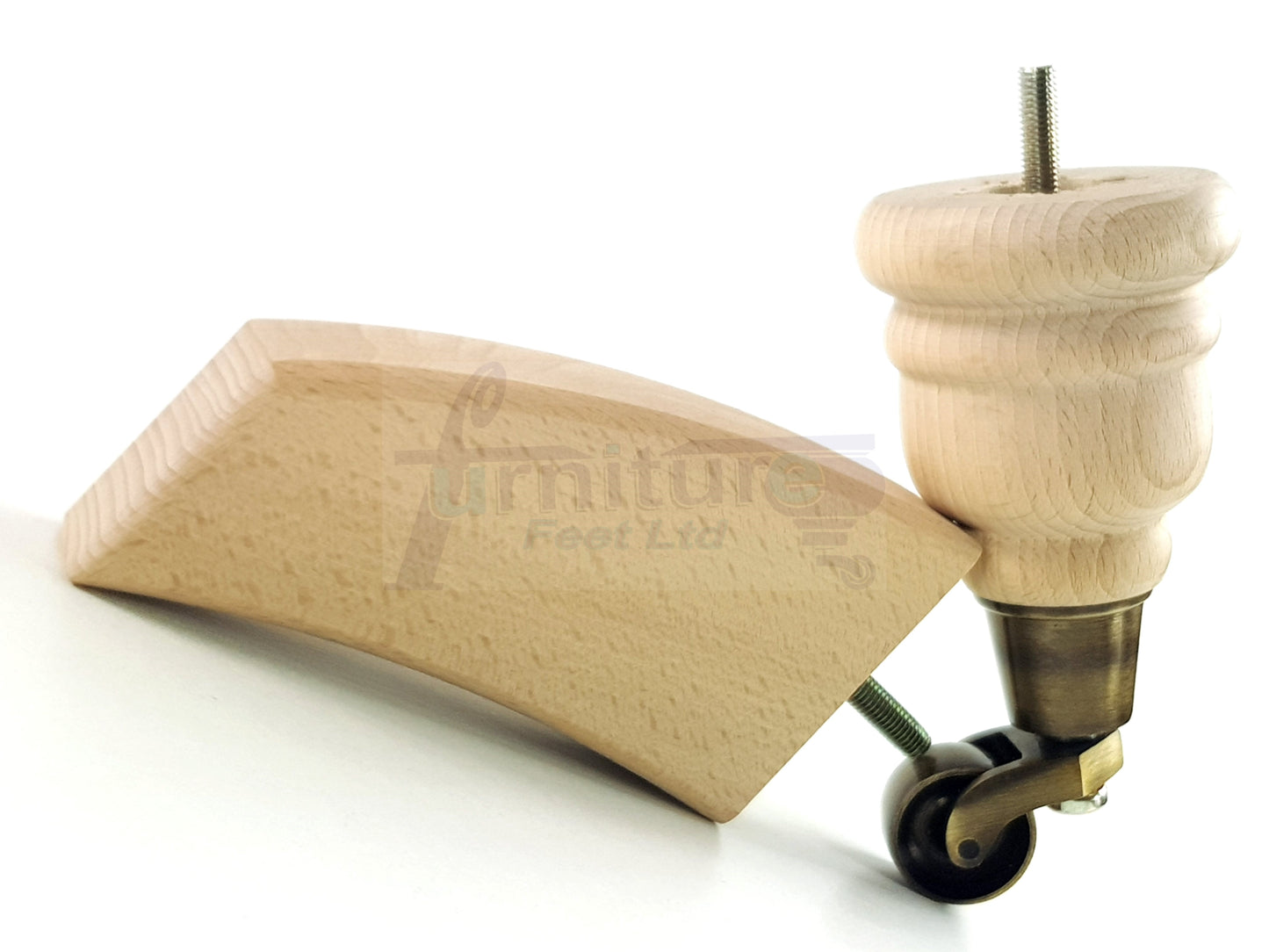 Natural Turned Wood Furniture Feet 2 With Castors 155mm and 2 Curved Back Legs Sofas Chairs Stools Cabinets Beds M8 6 Inches
