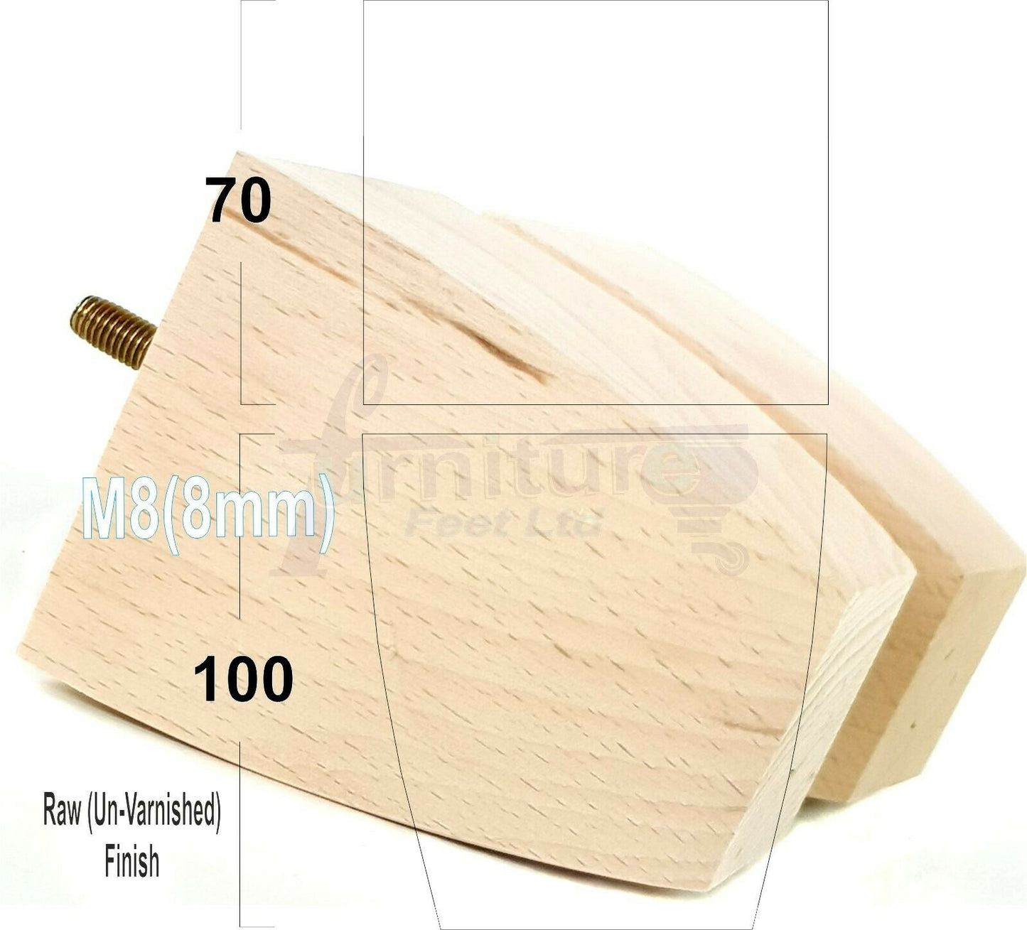 Set Of 4 Solid Wood Square Block Furniture Feet Replacement Legs 100mm High M8(8mm)