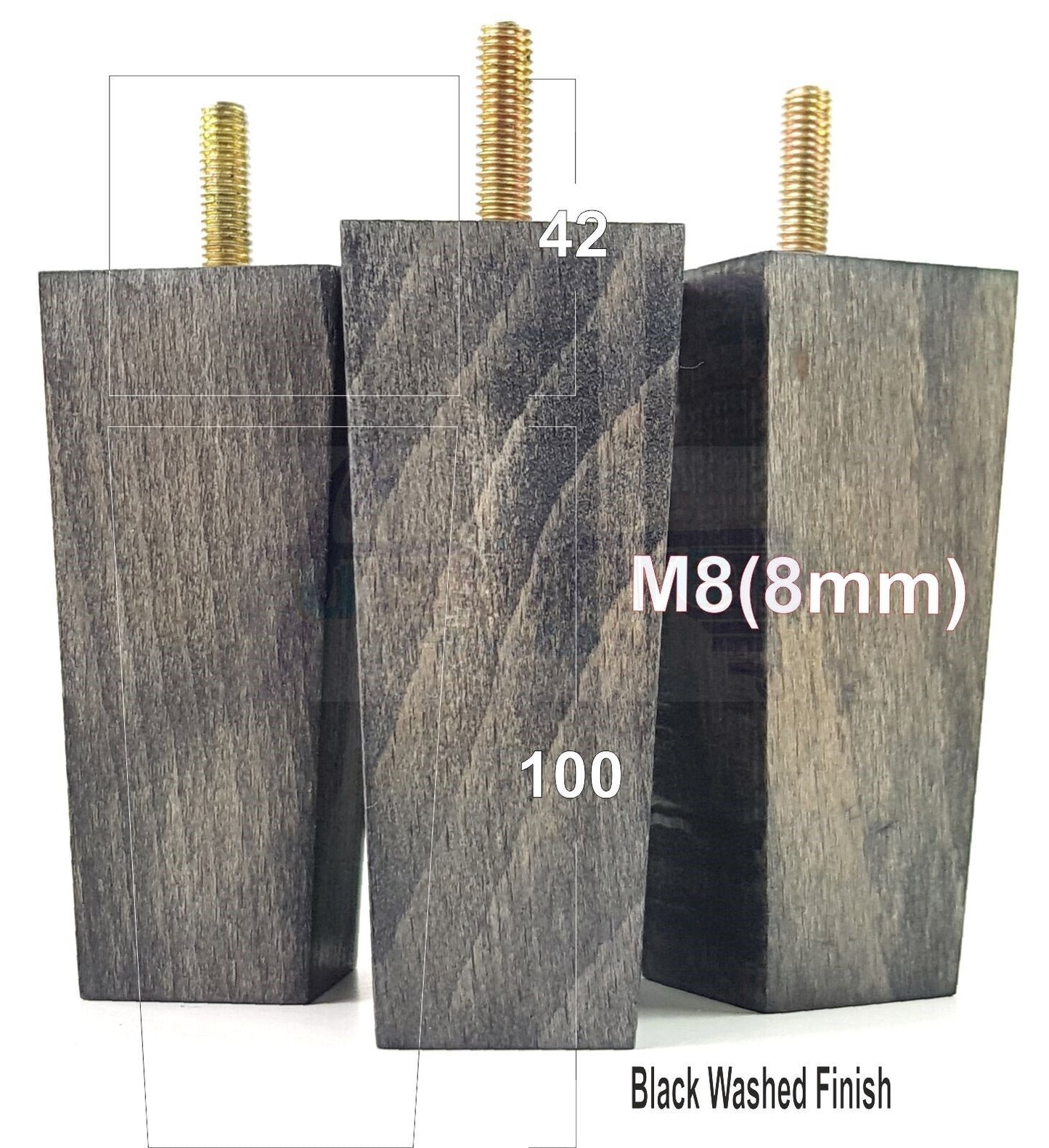 4x Solid Wood Block Furniture Legs Replacement Square Feet 100mm High M8(8mm)