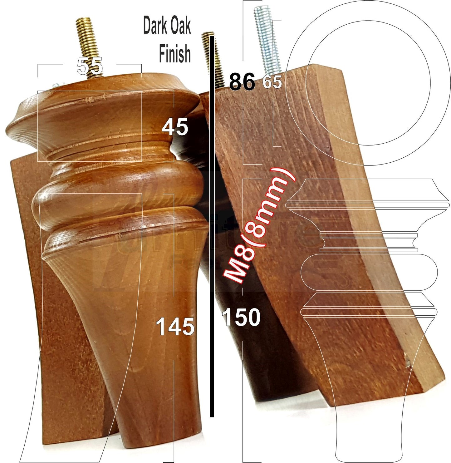 2x Turned & 2x Curved Back Wooden Feet Replacement Furniture Legs 150mm M8(8mm)