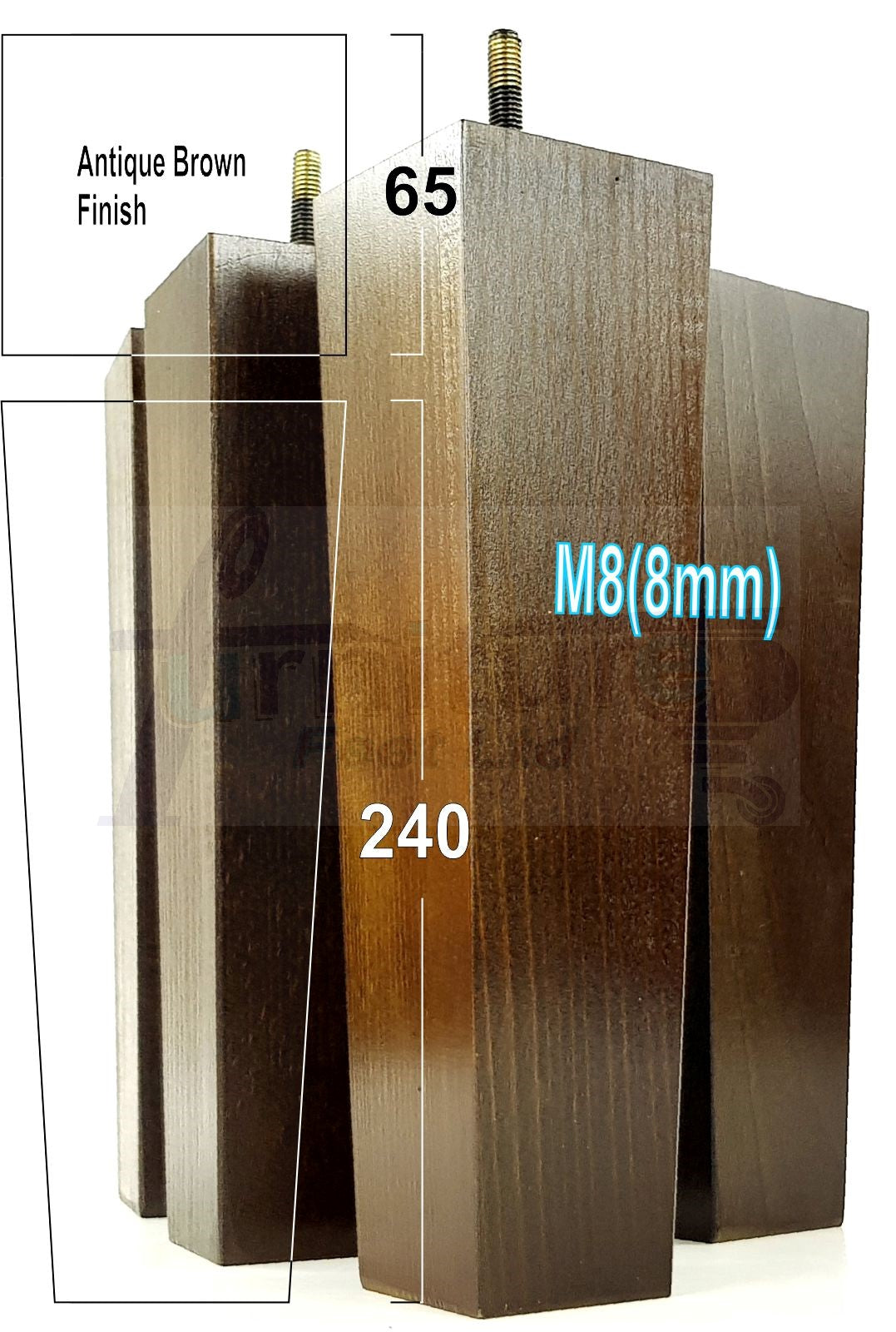 4 Solid Wood Furniture Feet Square Replacement Block Tapered Legs 240mm High M8 Sofa Chairs Stools Cabinets Beds
