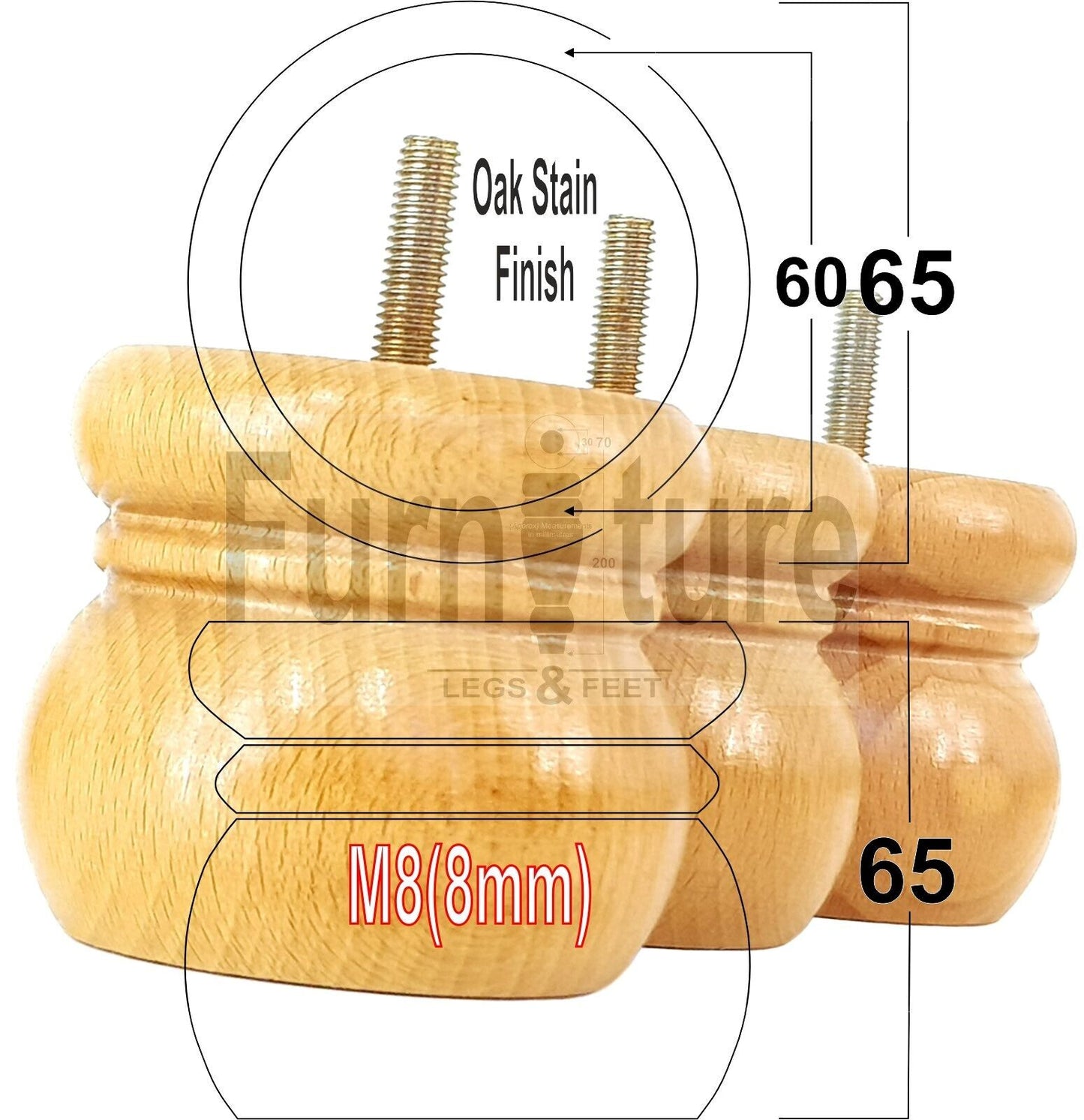4 Wood Bun Feet Replacement Turned Furniture Legs 60mm High Multiple Colours 2 Inches Tall Chairs Stools Sofa Beds Cabinets M8