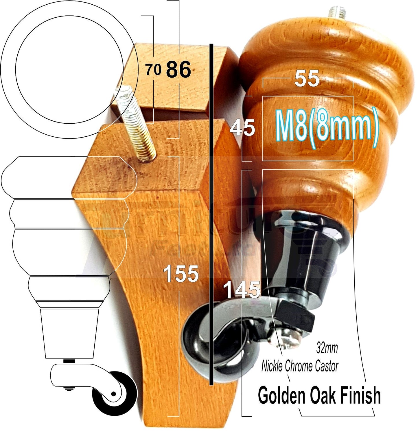 Golden Oak Turned Wood Furniture Feet 2 With Castors 155mm and 2 Curved Back Legs Sofas Chairs Stools Cabinets Beds M8 6 Inches