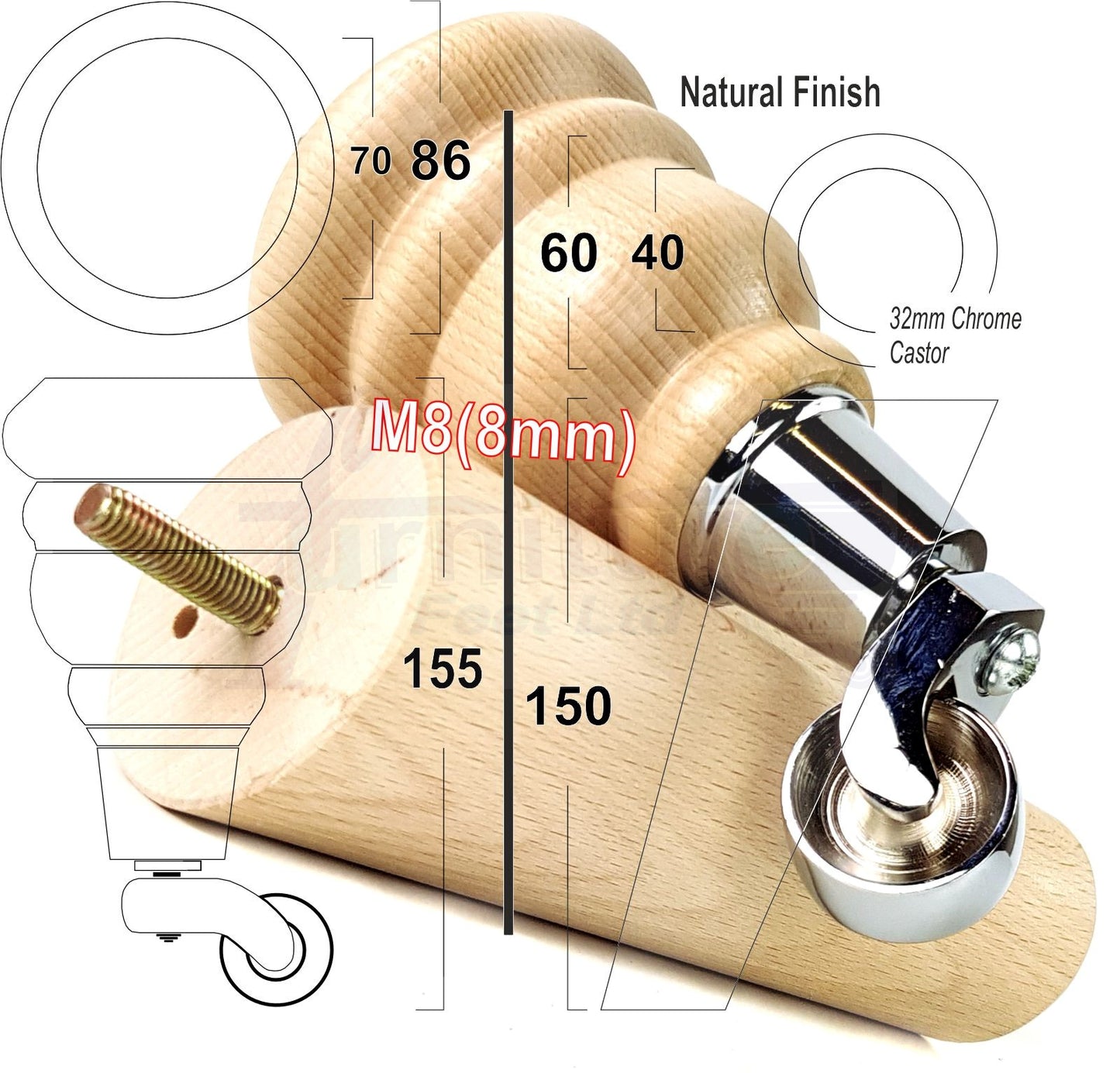 Natural Turned Wood Furniture Feet 2 With Castors 155mm and 2 Angled Back Legs Sofas Chairs Stools Cabinets Beds M8 6 Inches