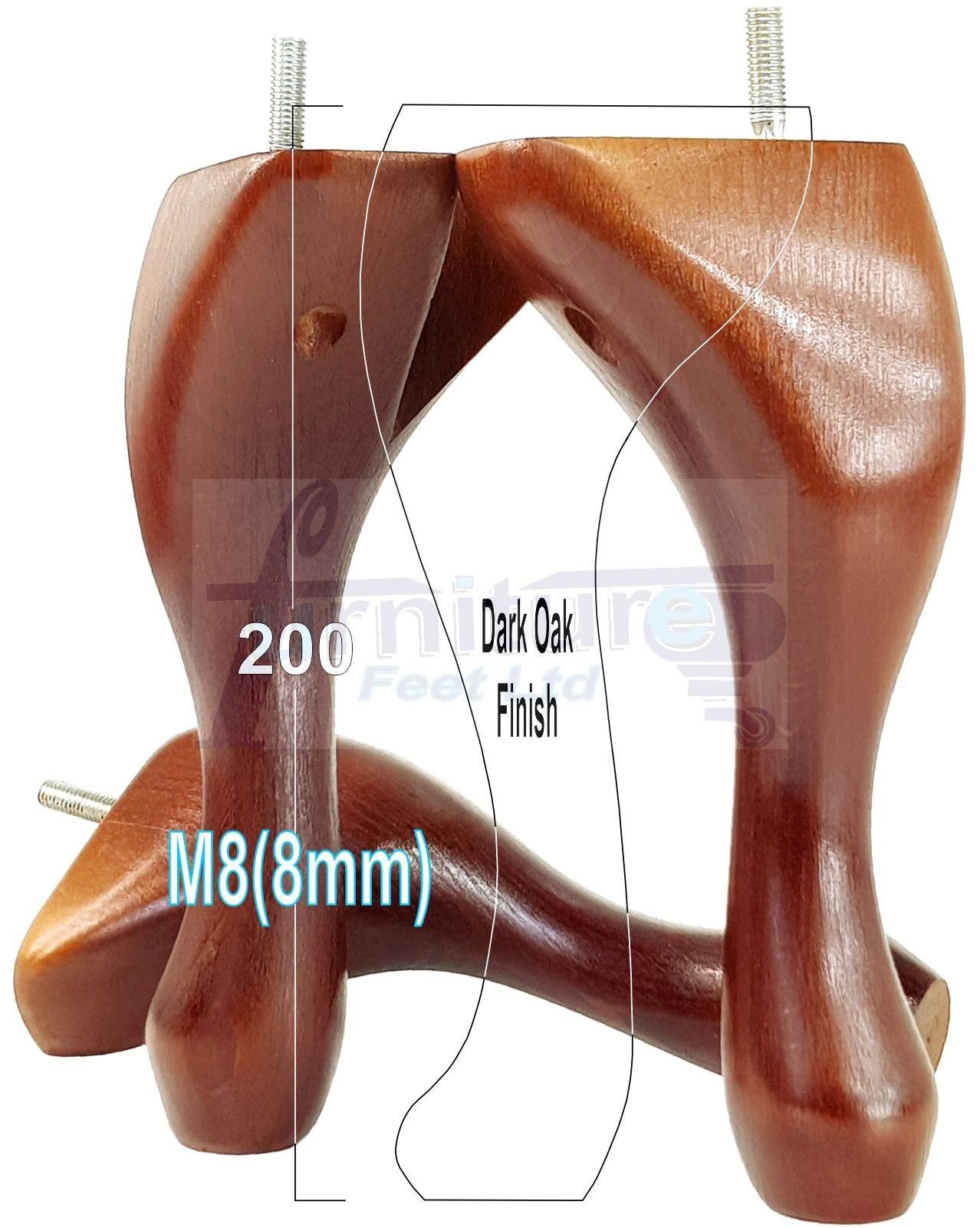 4 Solid Wood Furniture Feet 200mm High Vintage Queen Anne Replacement Legs M8 8 Inches