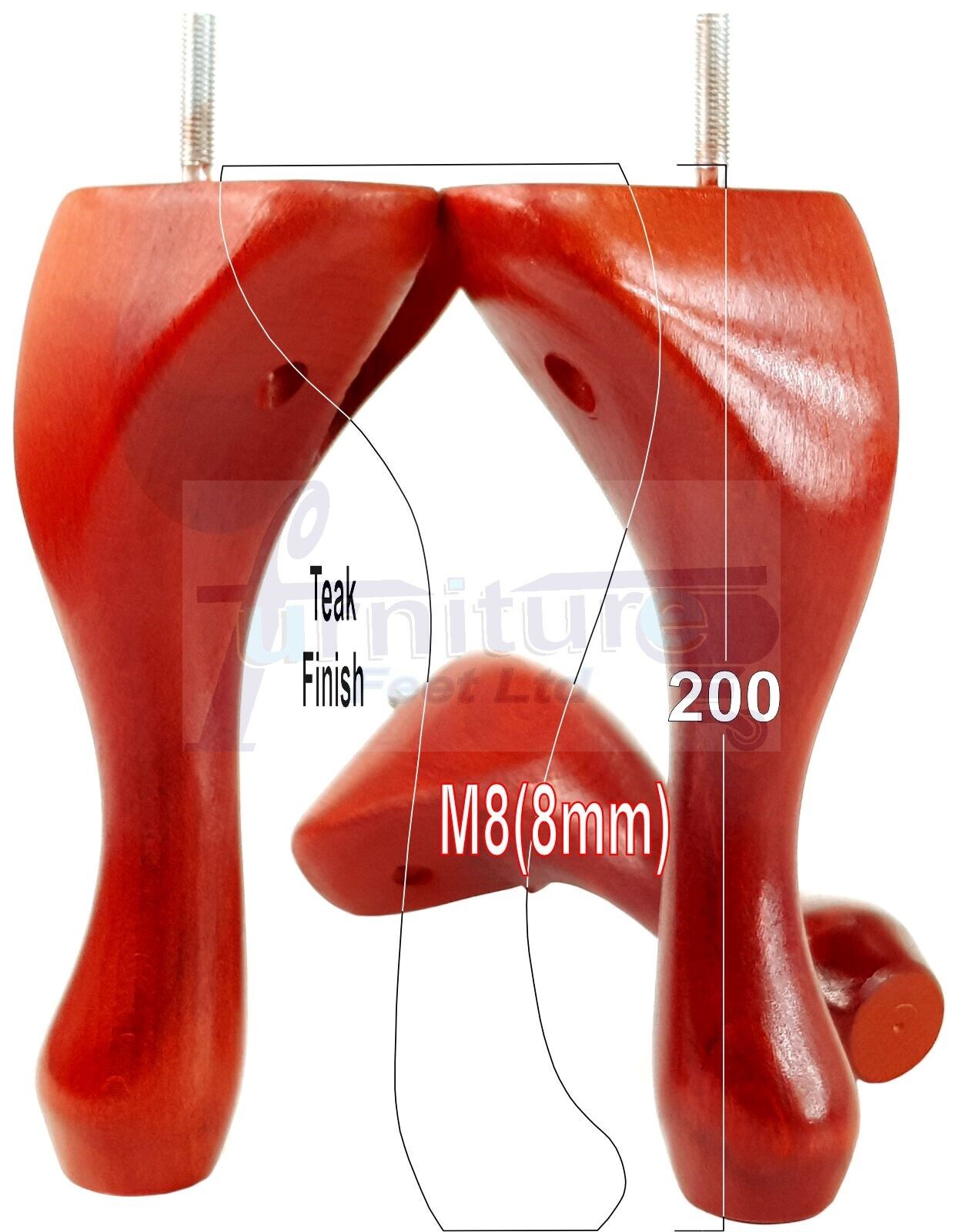 4 Solid Wood Furniture Feet 200mm High Vintage Queen Anne Replacement Legs M8 8 Inches