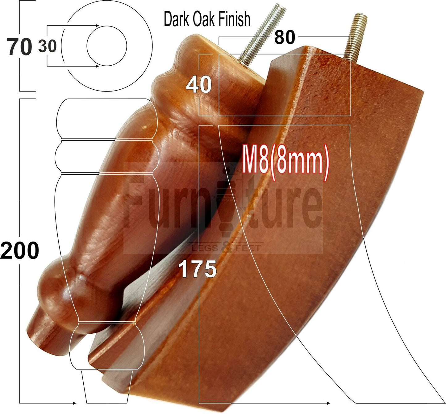 2 Turned Furniture Feet Replacement Sofa Legs 200mm & 2 Curved Back Legs 185mm for Chairs Sofa Settee Cabinets M8